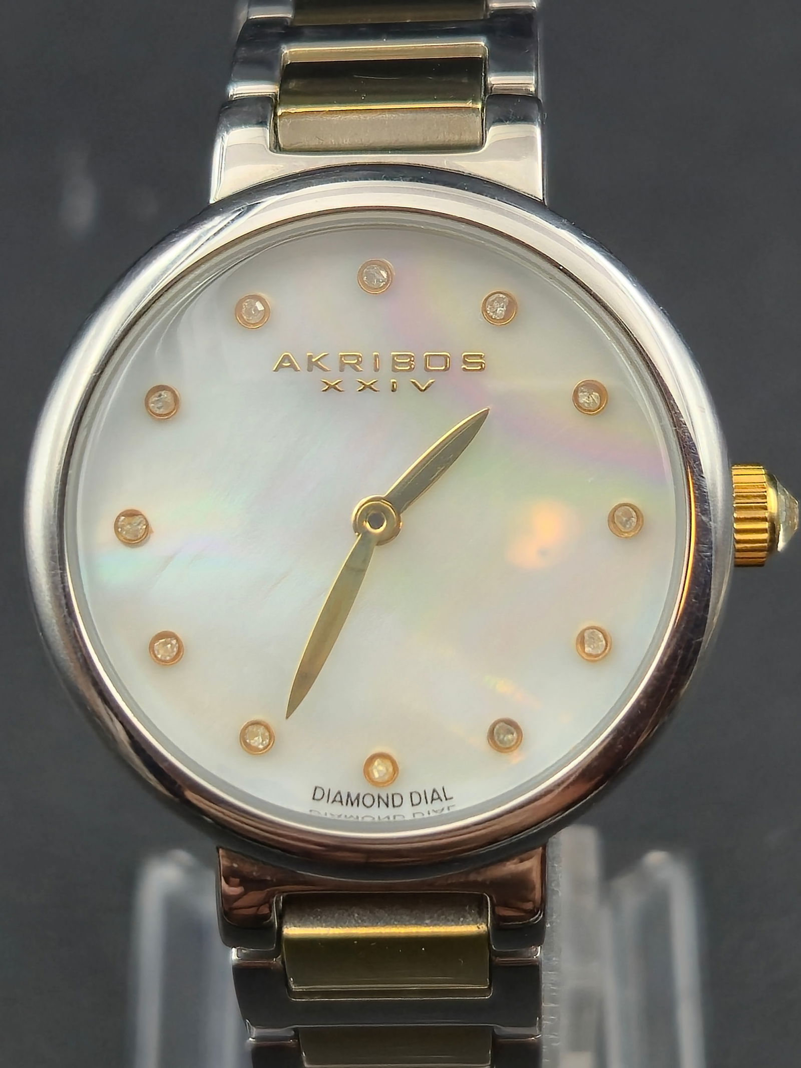 2000s Akribos XXIV Quartz Diamond Dial Watch Two Tone Bracelet 30mm New Battery (1 of 8)