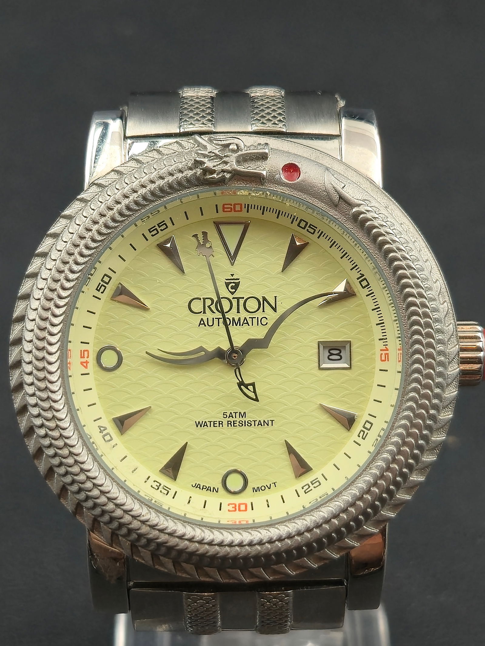 2000s Croton Automatic Watch Model 531636 Stainless Steel Yellow Dial 45mm Runs Mint (1 of 9)