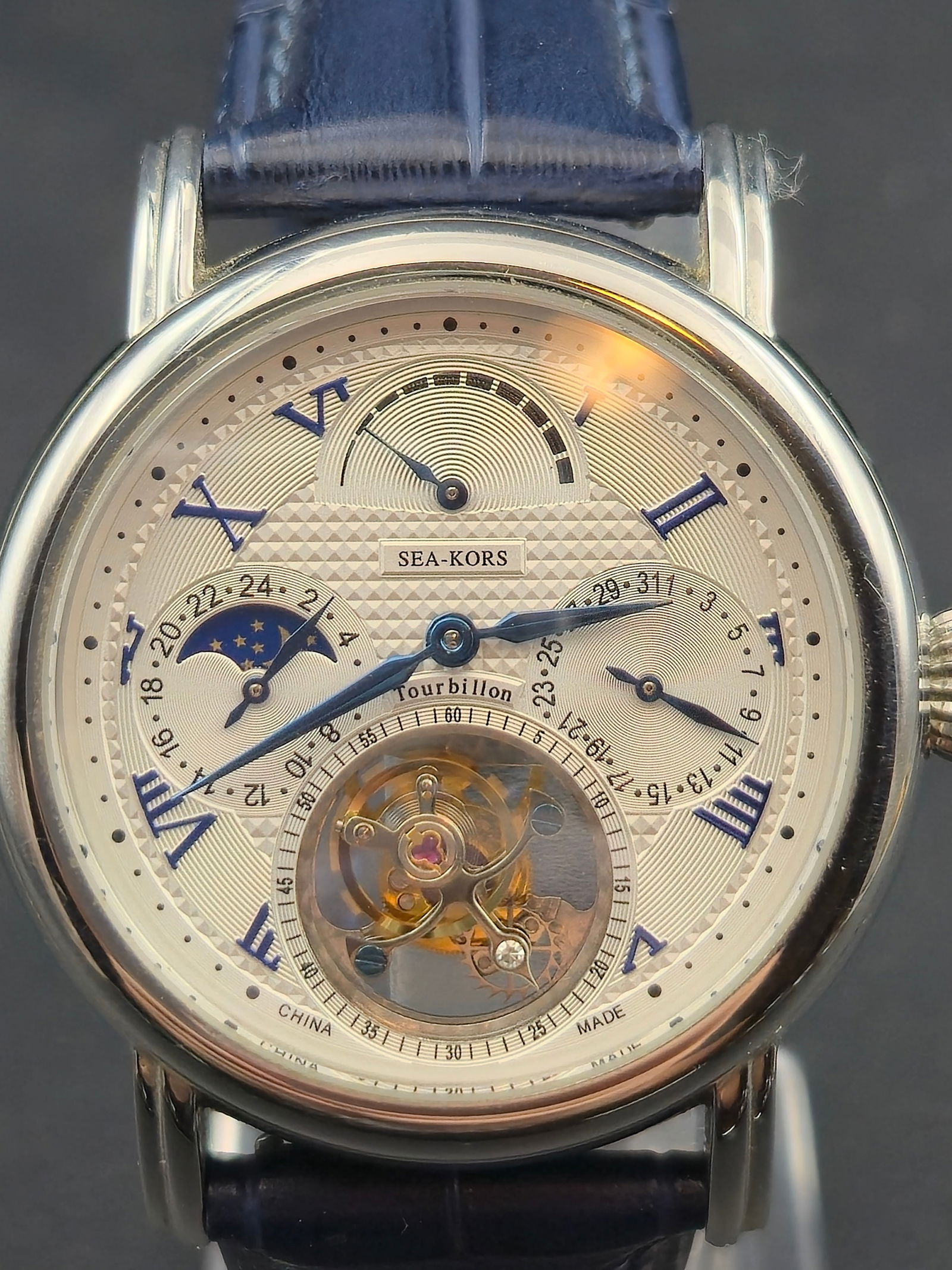 Sea-Kors Mechanical Open-Heart Tourbillon Style Watch Blue Roman Dial Stainless Steel, Running (1 of 8)