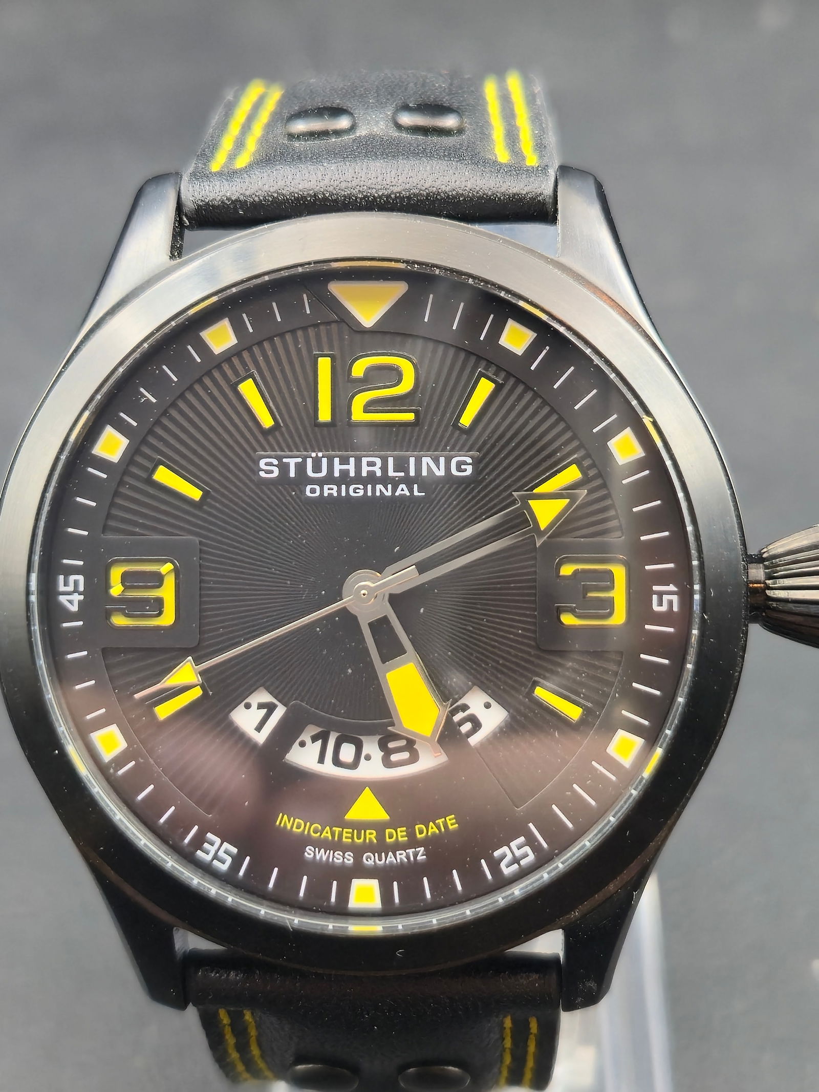 c.2010s Stuhrling Original Swiss Quartz Big Date Black & Yellow Dial 47mm Running (1 of 9)