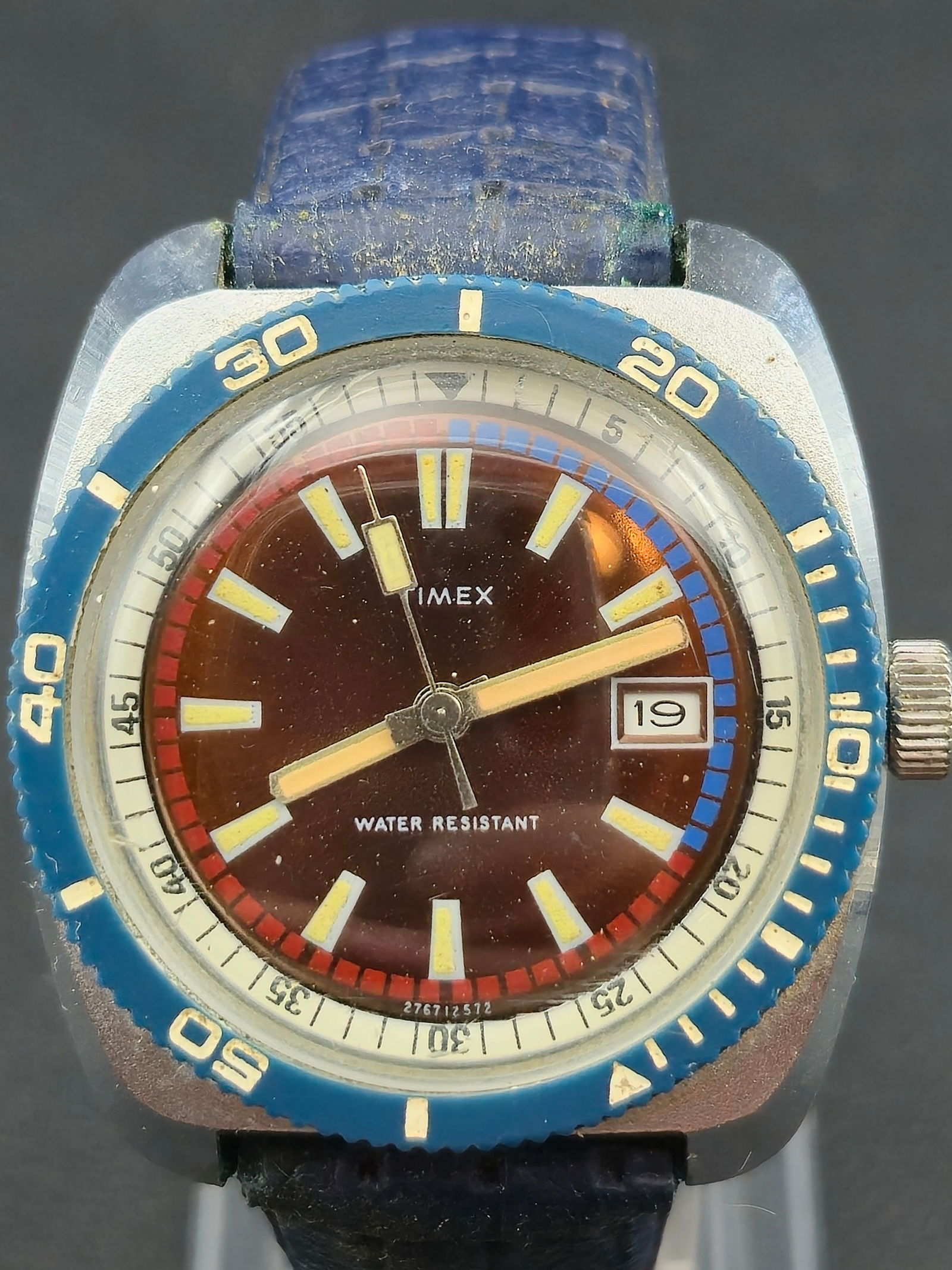 Timex 1970s Mechanical Diver Style Watch Blue Bezel Brown Dial 36mm Date (1 of 9)