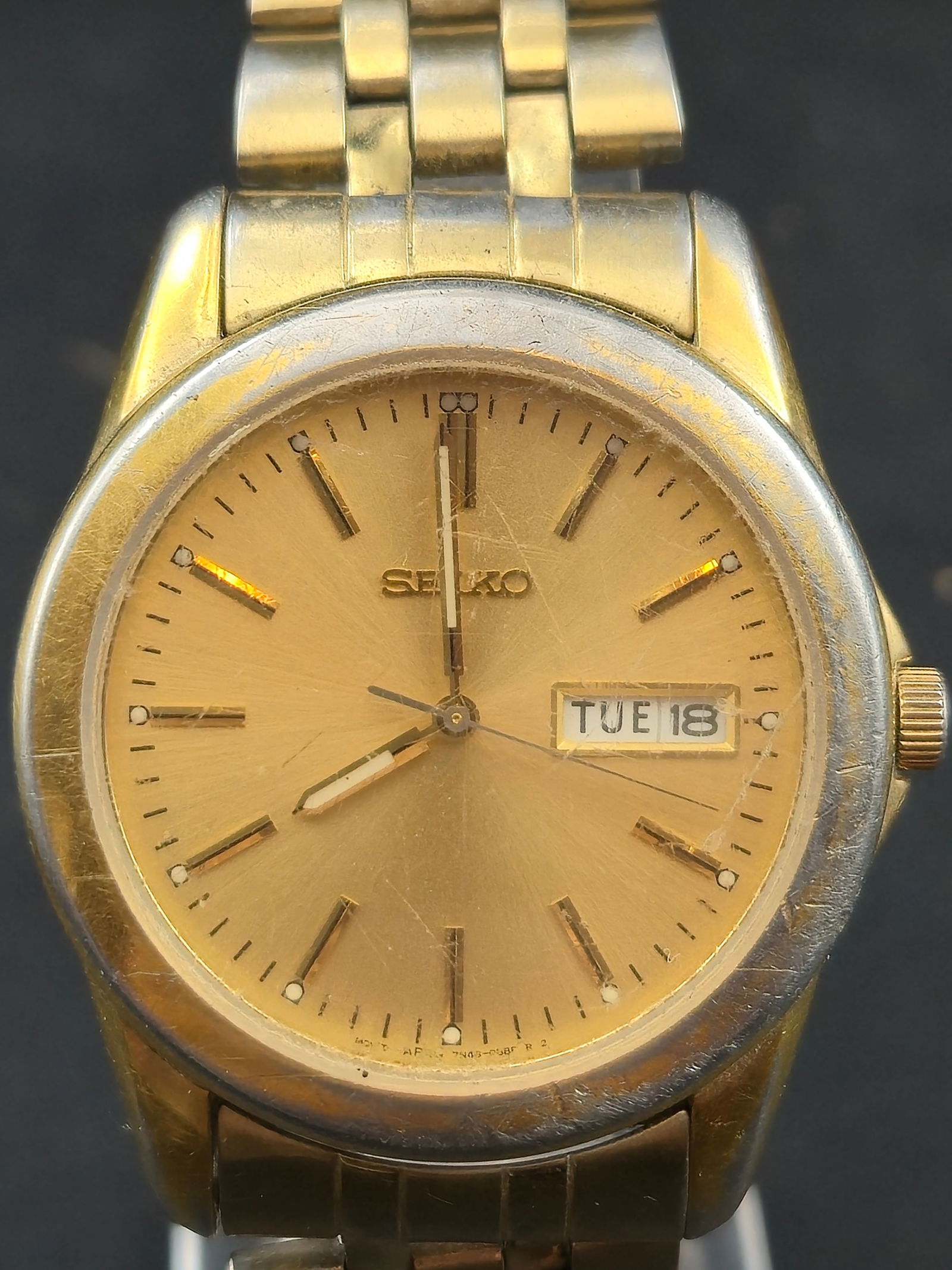 1990s Seiko Gold Tone Day Date Quartz Watch Ref 7N48 38mm Running (1 of 9)
