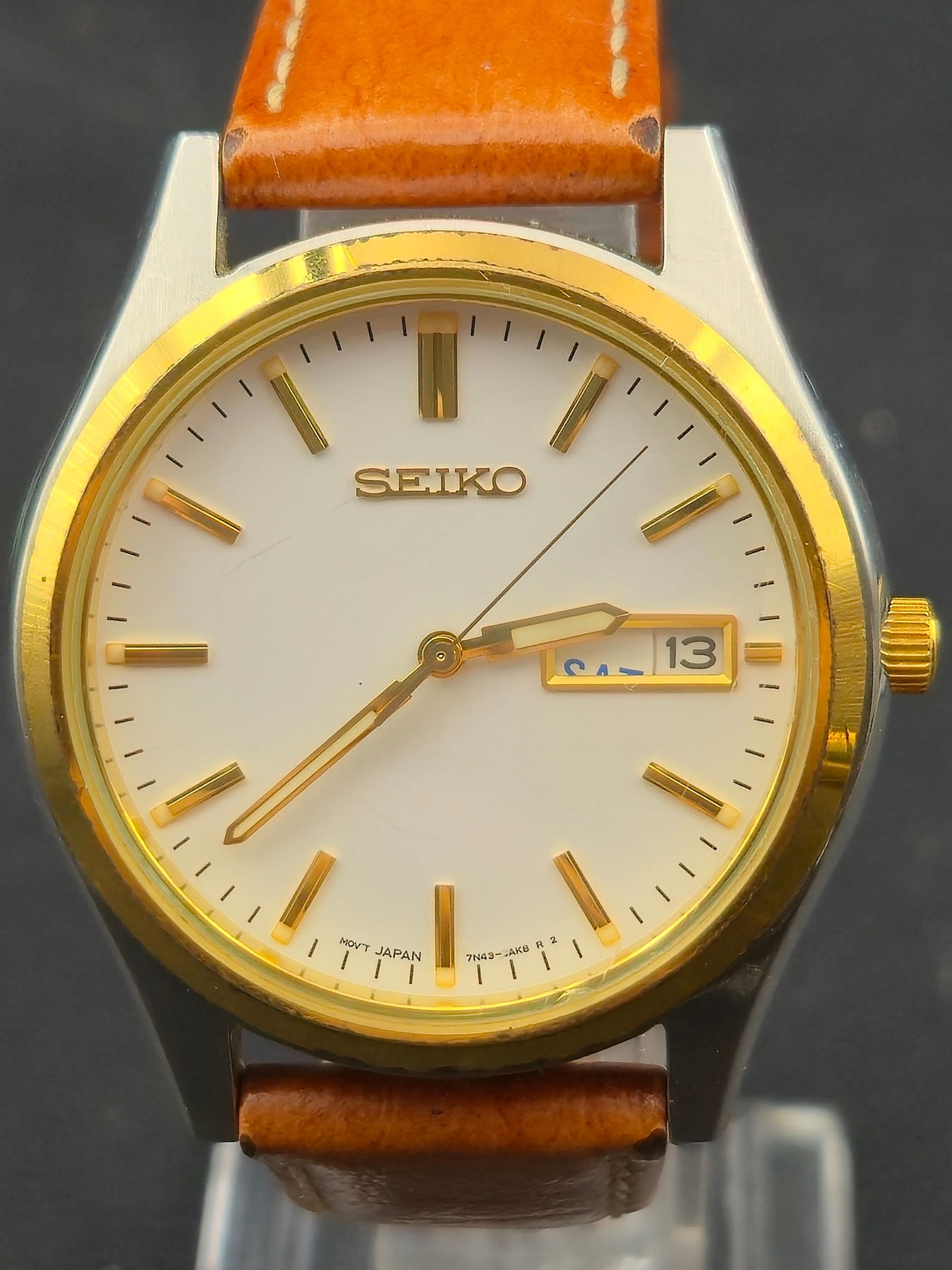 1990s Seiko Day Date Quartz Two Tone Watch Ref 7N43-9048 37mm Running (1 of 9)