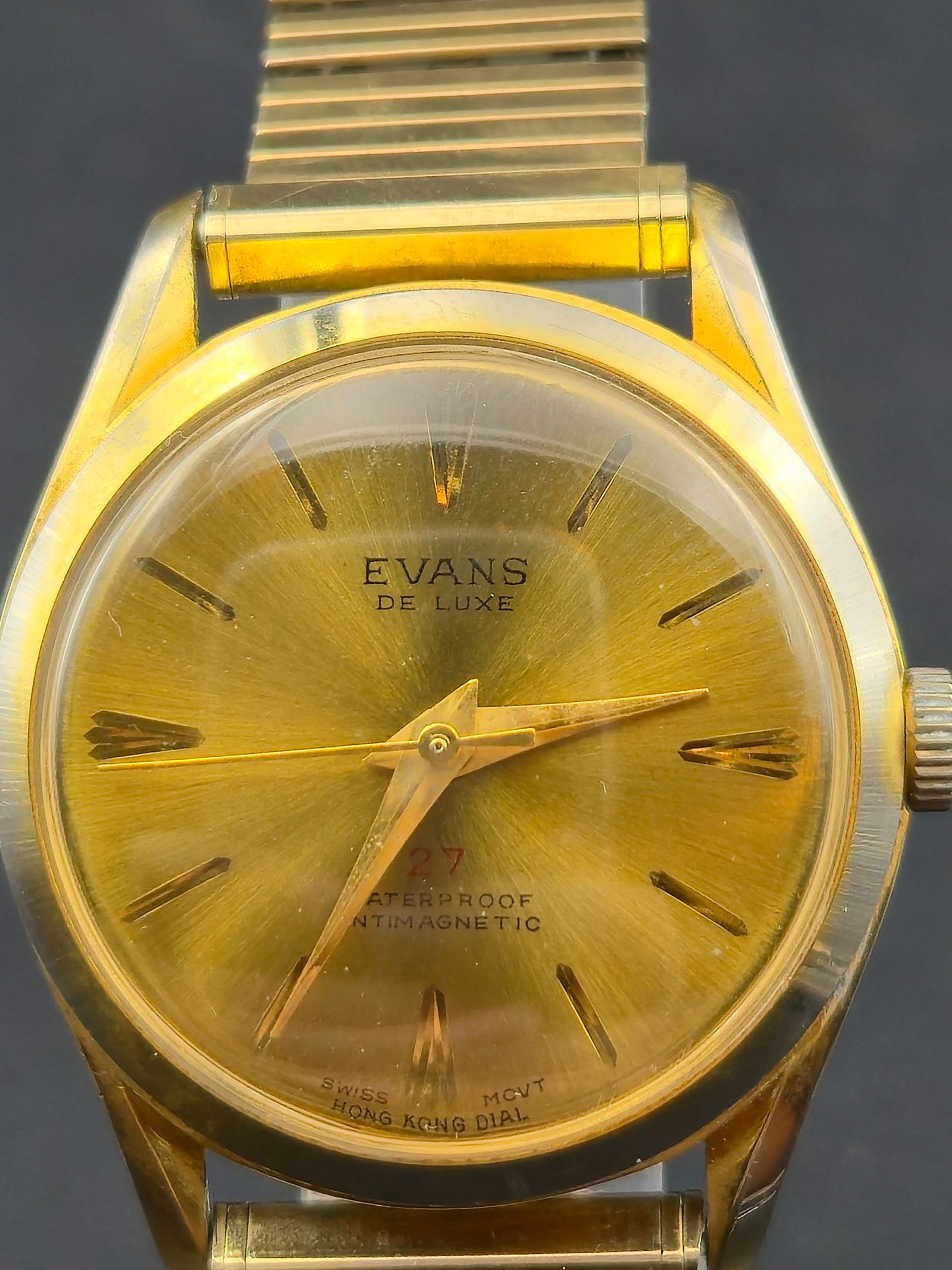 1950s Evans De Luxe Swiss Manual Wind Watch One Jewel Gold Tone 35mm Running (1 of 10)