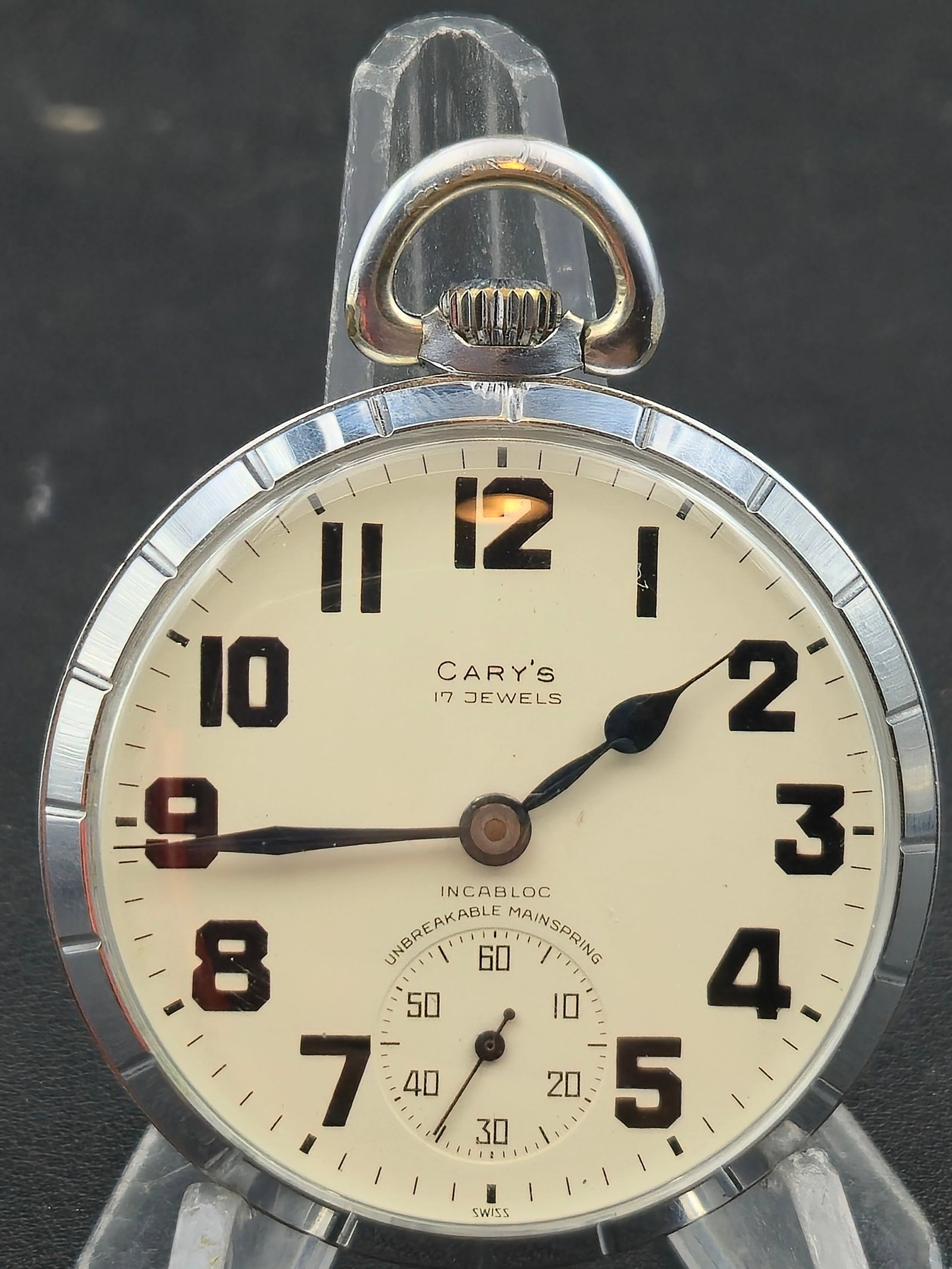 Cary’s 17 Jewel Swiss Pocket Watch Incabloc Nickel Case 50mm Running (1 of 10)