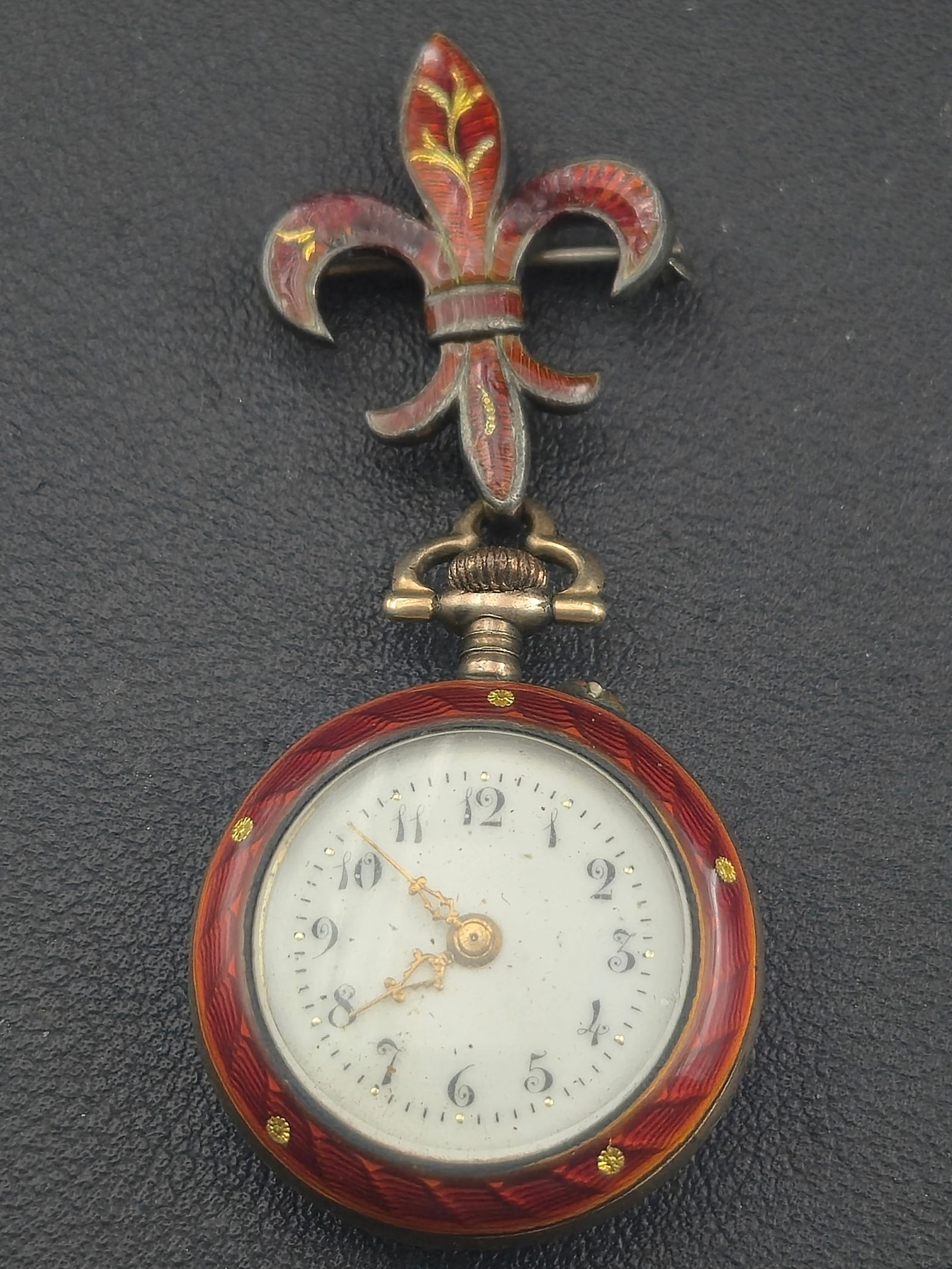 Swiss .800 Silver Enamel Brooch Watch w GF Fleur Drop Circa 1915 (1 of 10)