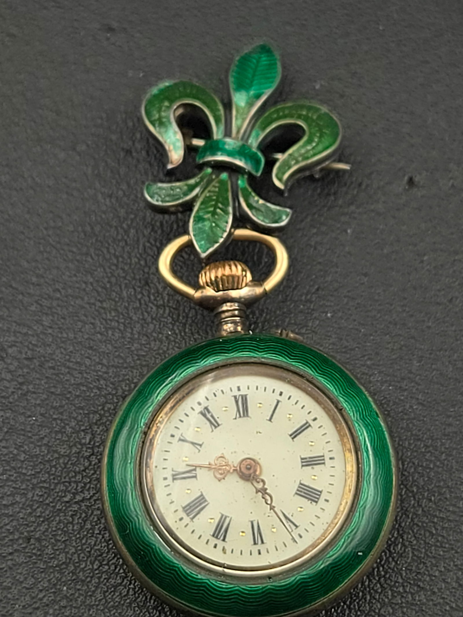 Swiss .800 Silver Green Enamel Brooch Watch w Sterling Fleur Pin Circa 1915 (1 of 11)
