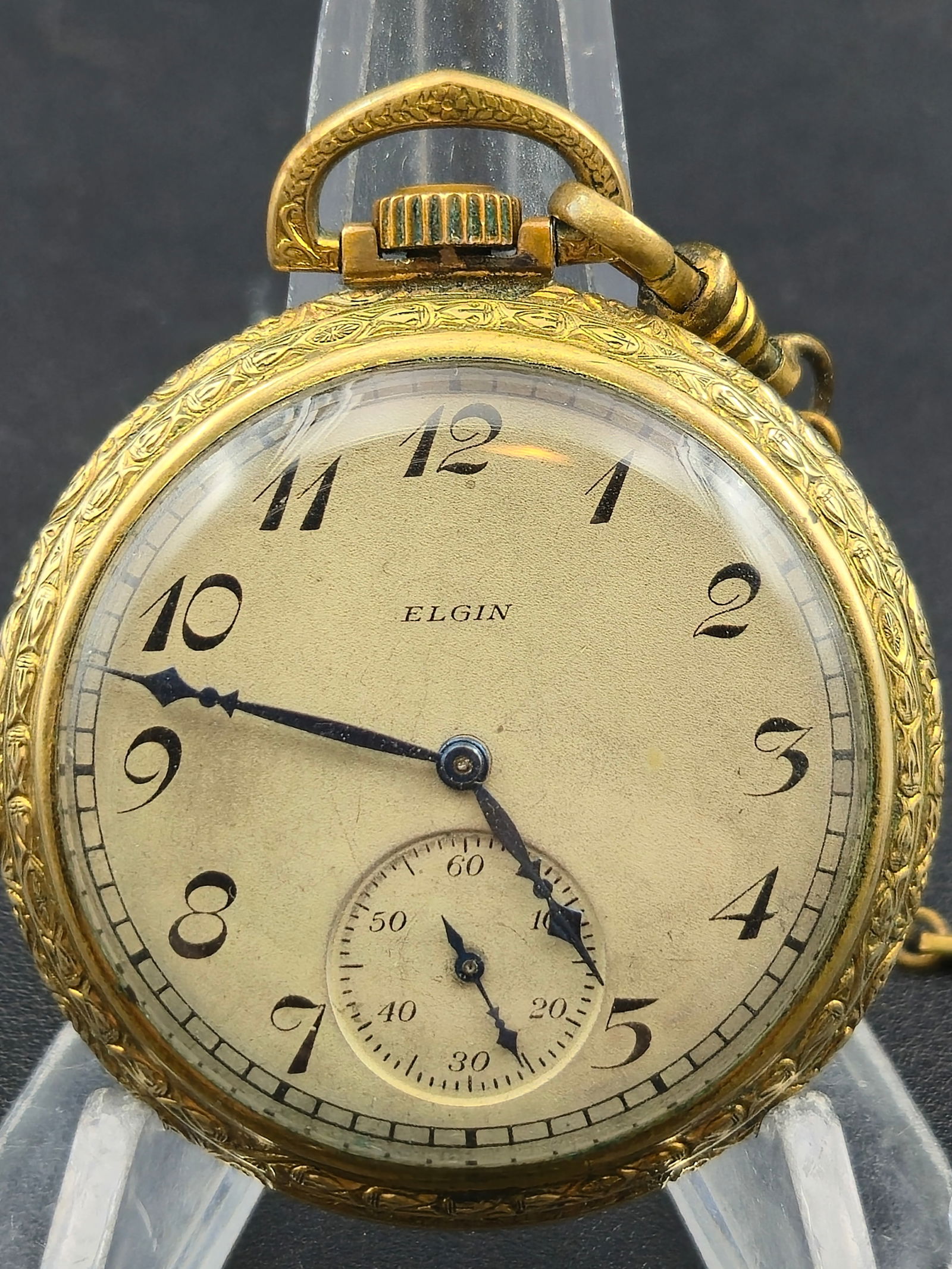 1925 Elgin Grade 303 12s 7J Pocket Watch Gold-Tone Engraved Case Fancy Dial 46mm (1 of 8)