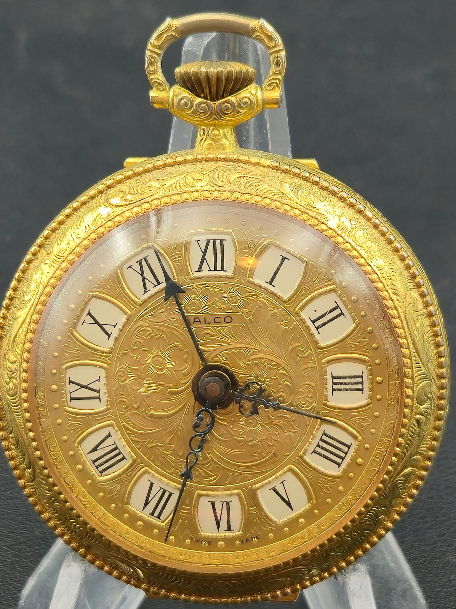 Antique Swiss Alco Pocket Watch Gold-Tone Engraved Case 52mm Runs (1 of 11)