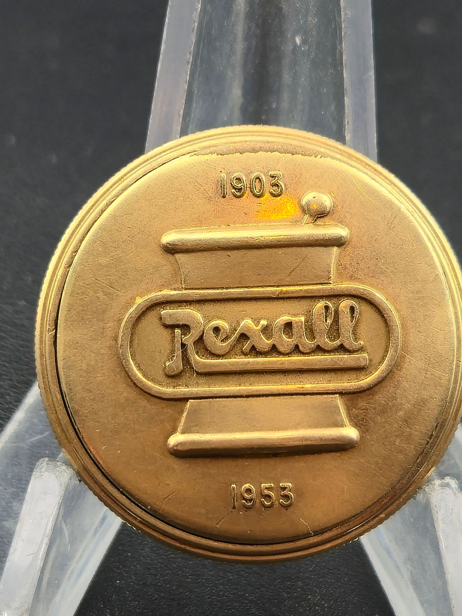 Ebel Swiss Pocket Watch 17J Rexall Award Case 1903 1953 Engraved 37mm Runs: Vintage Ebel Swiss pocket watch in a gold-tone Rexall award case. Front cover is embossed “Rexall” with dates 1903 and 1953. Back is engraved “Golden Anniversary Award to C. J. Heitz for Out