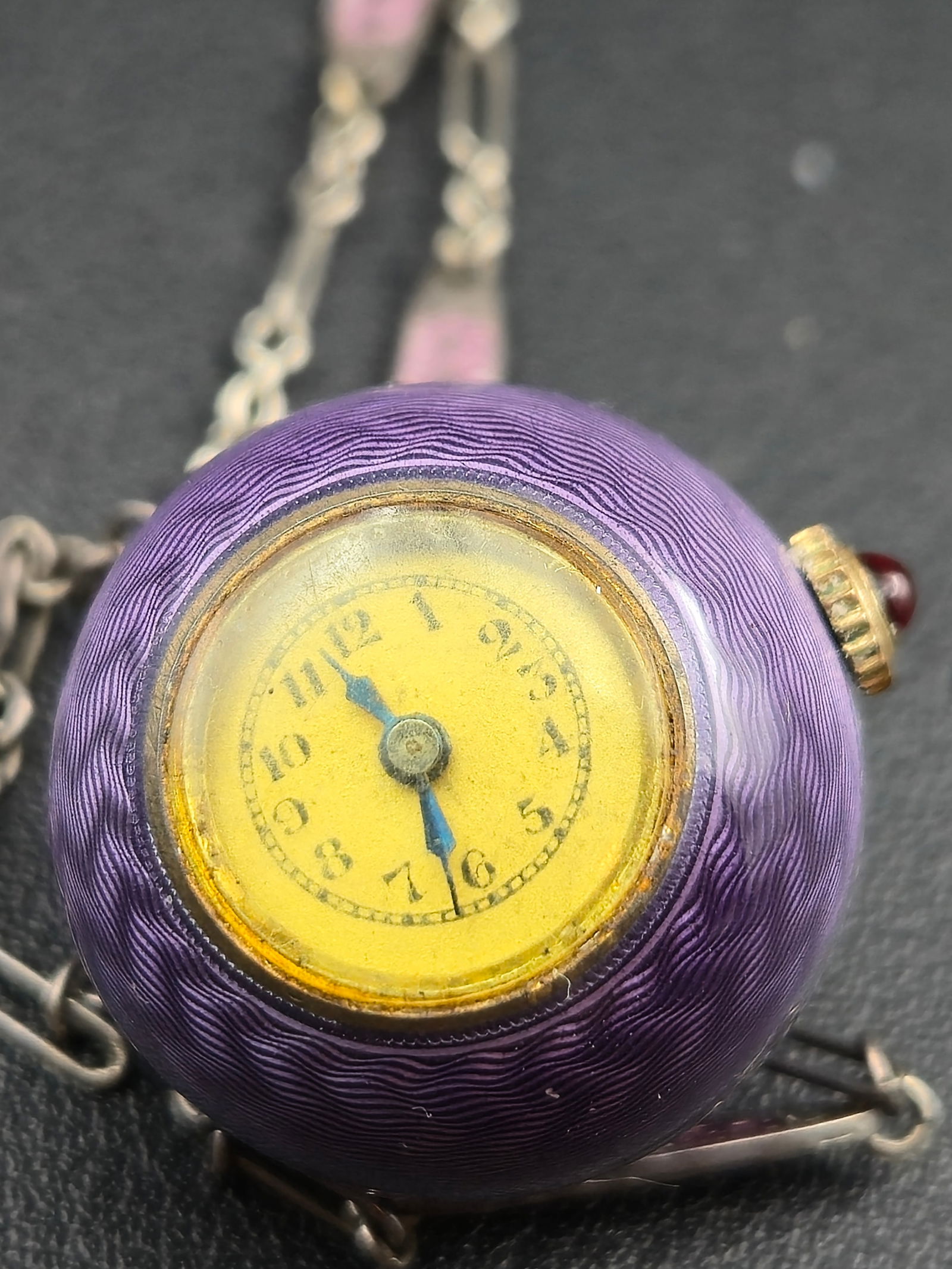Vintage Enamel Spherical Pendant Watch Purple Guilloche Case w Chain Untested 23mm (1 of 10)