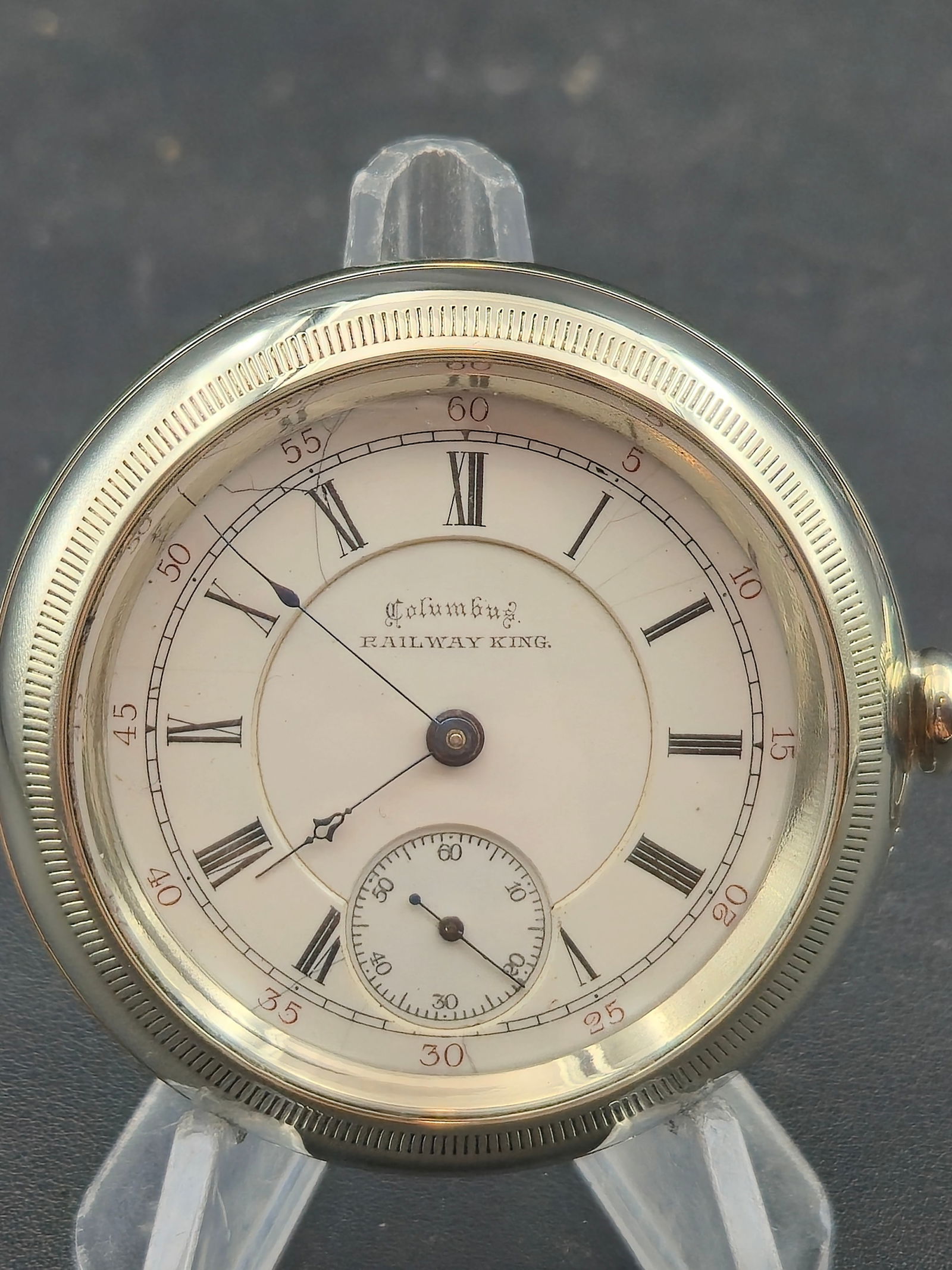 1894 Columbus Railway King 18s 16J Railroad Pocket Watch Sidewinder Salesman Display Case Runs (1 of 8)