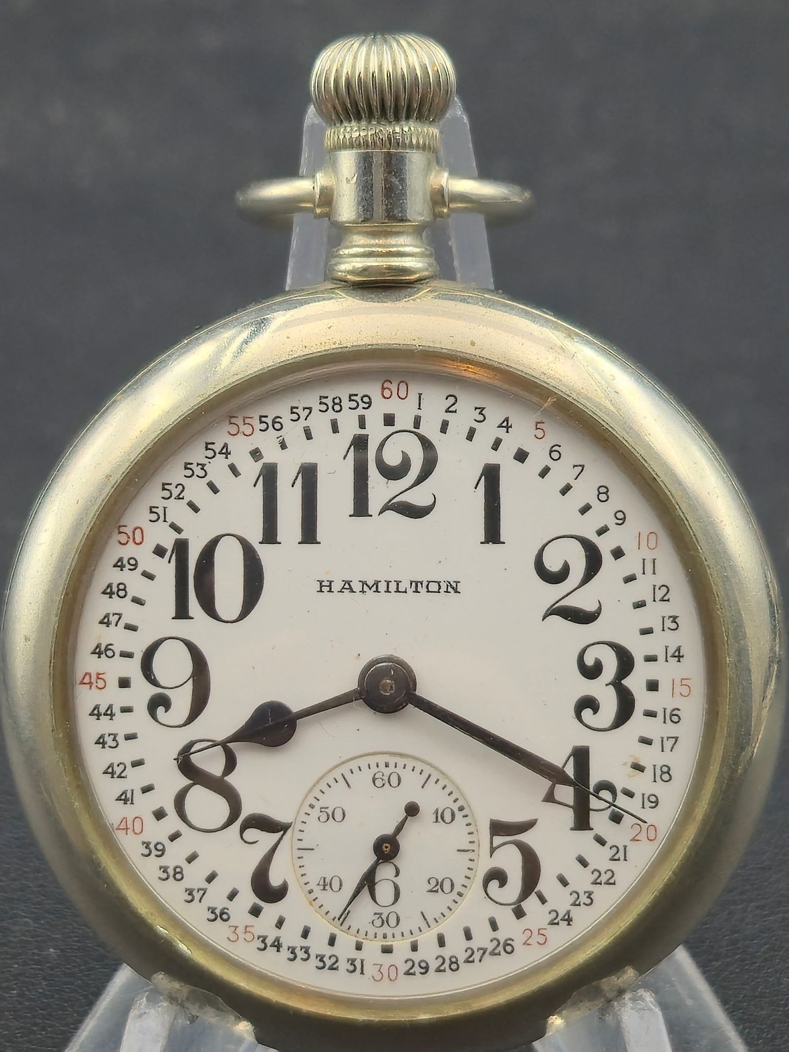 Hamilton 992B Montgomery Dial 16s Railroad Open Face Pocket Watch 21 Jewels 1943 Running: Railroad-grade open face pocket watch by Hamilton Watch Company, featuring a correct Montgomery dial with outer red 1–60 minute track for precise minute reading. Powered by the Hamilton Grade 992B 2