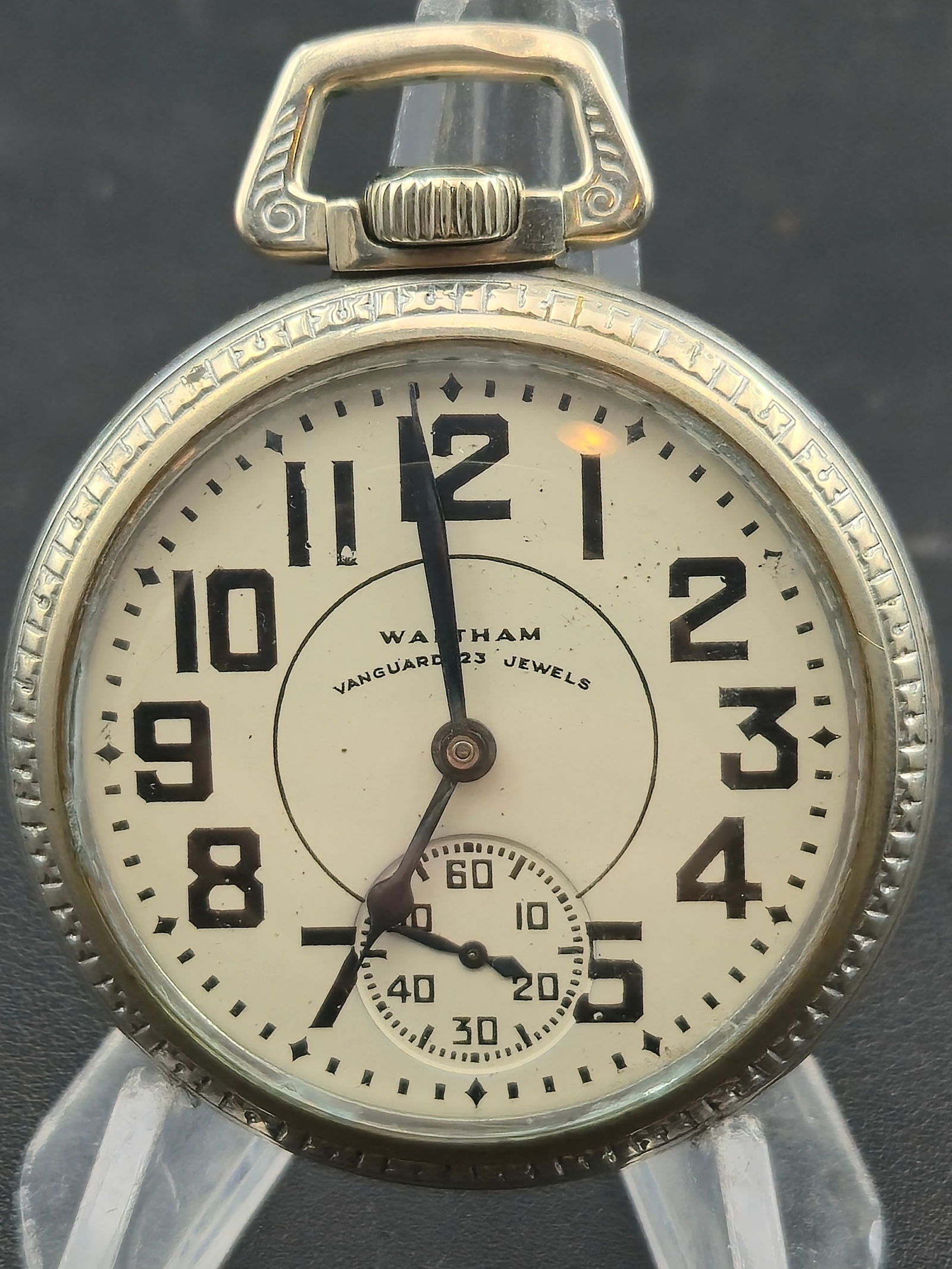 Waltham Vanguard 16s 23J Railroad Open Face Pocket Watch Montgomery Dial 1948 Running (1 of 11)