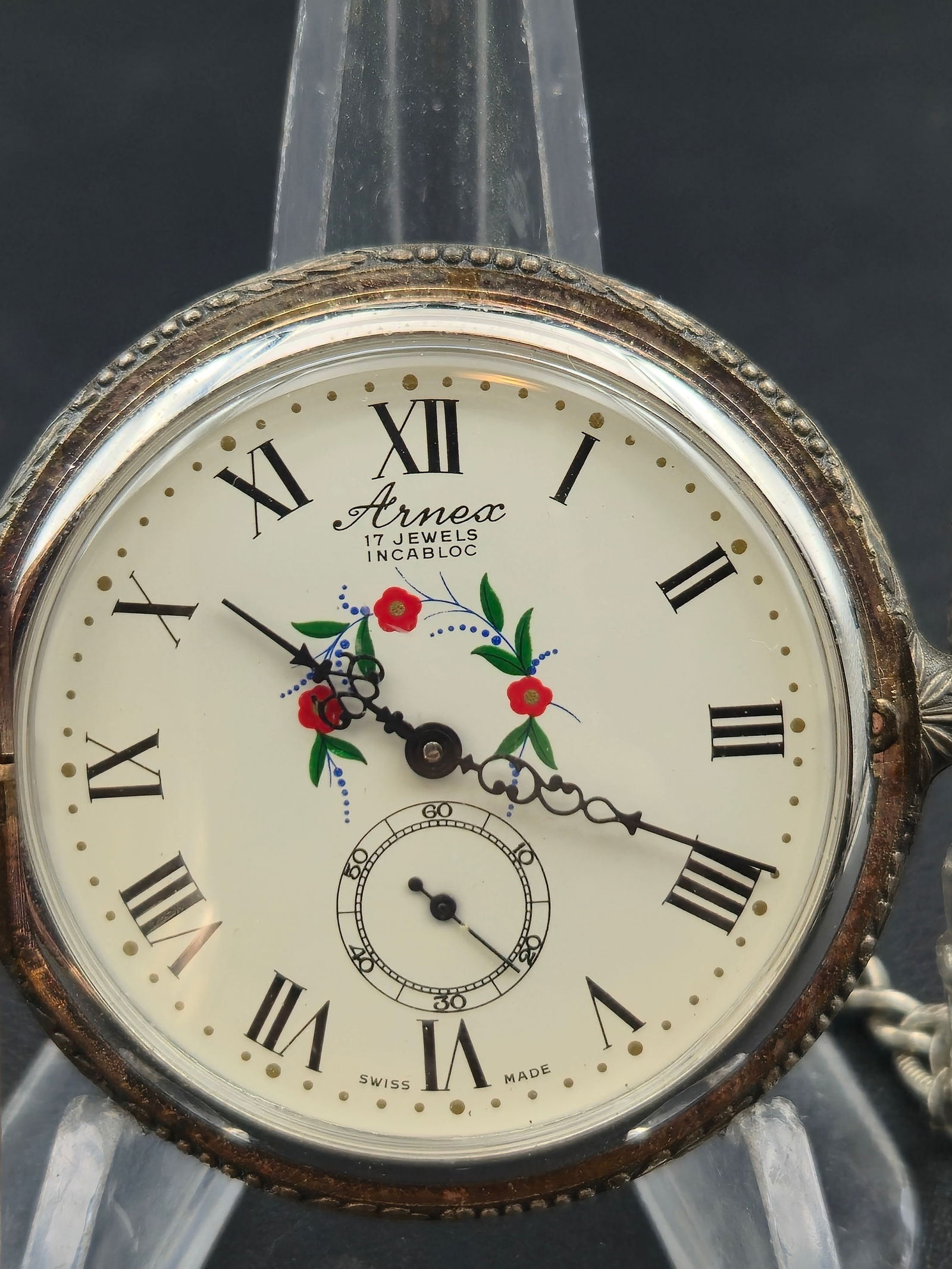 Arnex Swiss 17 Jewel Incabloc Pocket Watch Hand Painted Dial Stag Scene Case Running: Vintage Arnex Swiss pocket watch featuring a hand-painted dial with floral accents and Roman numerals. The dial is signed Arnex and marked 17 jewels with Incabloc shock protection and Swiss Made. The