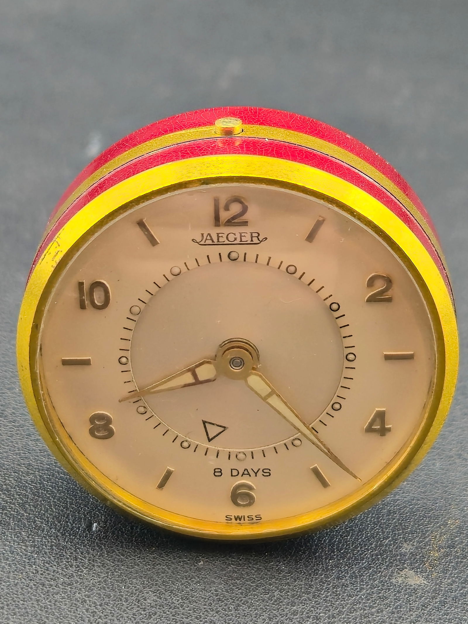 Jaeger Swiss 8 Day Alarm Desk Clock 45mm Gilt Case Mechanical Running (1 of 8)