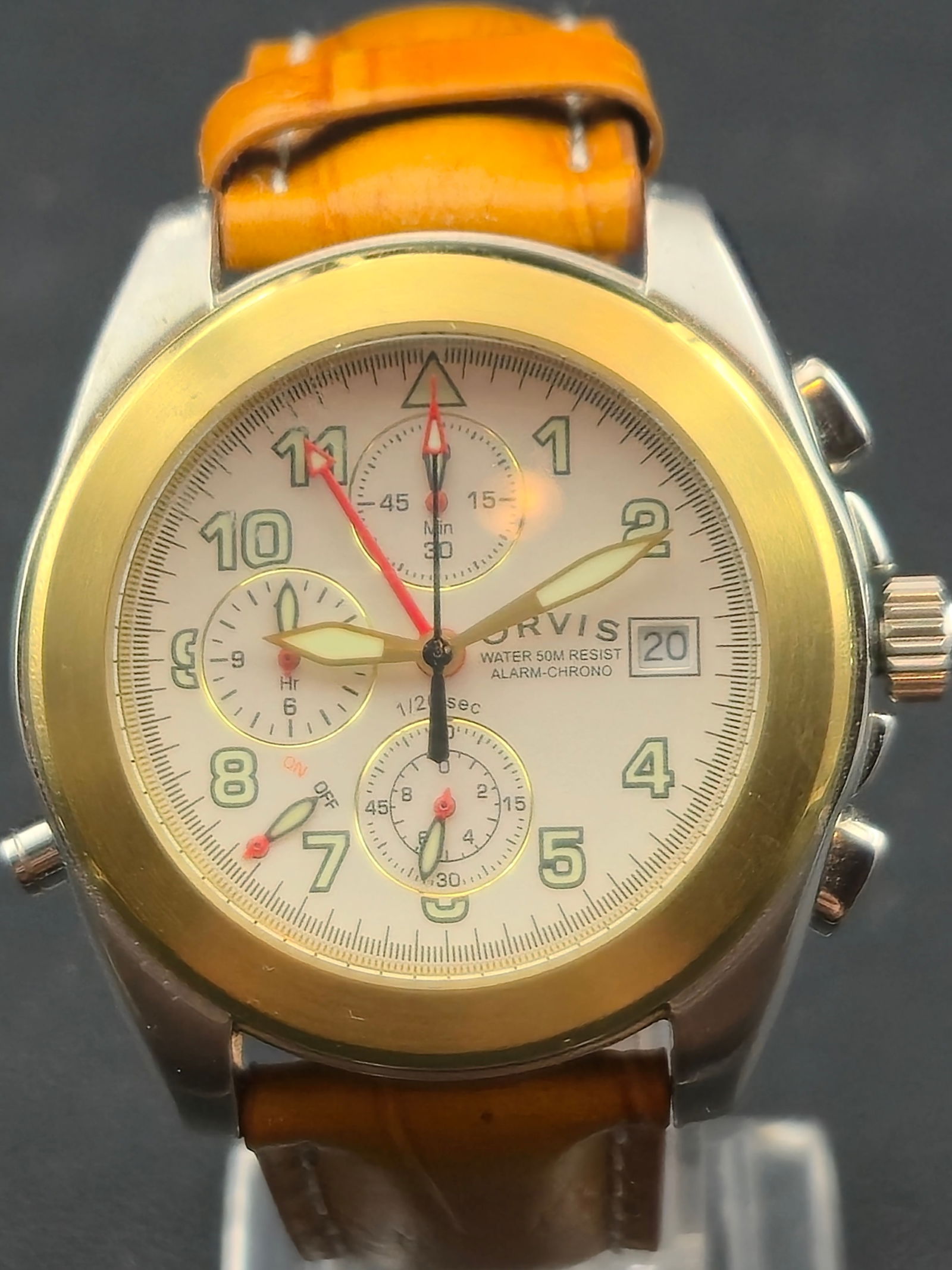 Orvis Alarm Chronograph Quartz 41mm Gold Bezel Leather Strap With Box (1 of 12)