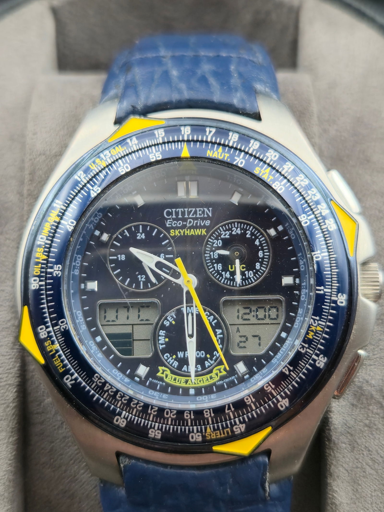 Citizen Skyhawk Blue Angels Eco-Drive Ana-Digi Chronograph – Full Set: Citizen Skyhawk Blue Angels Eco-Drive ana-digital chronograph featuring slide-rule bezel, UTC/world time, chronograph, alarms, and perpetual calendar functions. This example is running and includes th