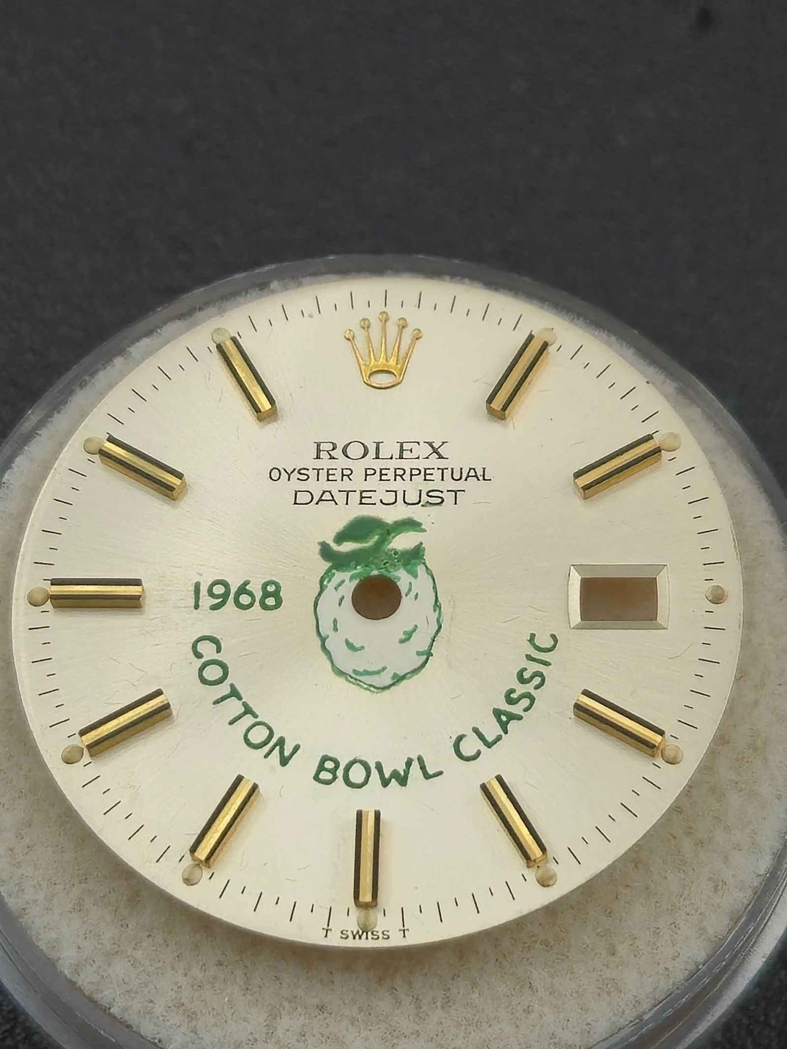 1968 Rolex Datejust Dial Cotton Bowl Classic Original Vintage Dial Only: Original Rolex Oyster Perpetual Datejust dial from 1968, issued for the Cotton Bowl Classic. This is an authentic factory Rolex dial with applied gold baton hour markers, applied Rolex coronet at 12 o