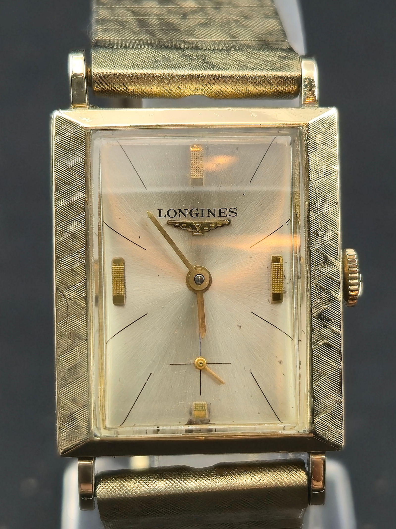 Longines Rectangular Wristwatch Ref 1121 10K Gold Filled Case GF Bracelet Cal 12.68Z 17J Running: Vintage Longines rectangular wristwatch with silver sunburst dial signed LONGINES and winged hourglass logo. Manual-wind mechanical movement visible in photos, marked Longines Watch Co. Swiss, Sevente