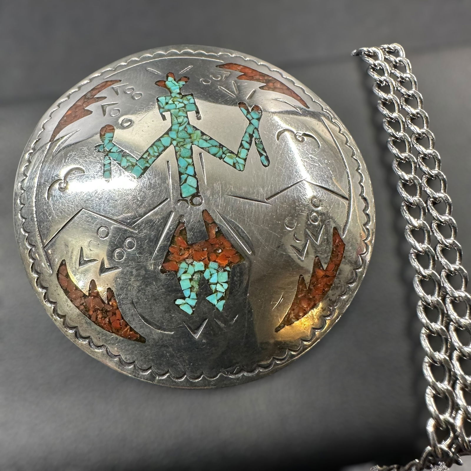 24"/32g Native American Kachina Sterling Silver Turquoise Coral Inlay Dome Pendant Necklace: 24"/32g Native American Sterling Silver Kachina Turquoise Coral Inlay Dome Pendant Necklace: Brand/Model: Native American; unidentified artisan; hallmark; “FB” with curved symbol. Manufacturer