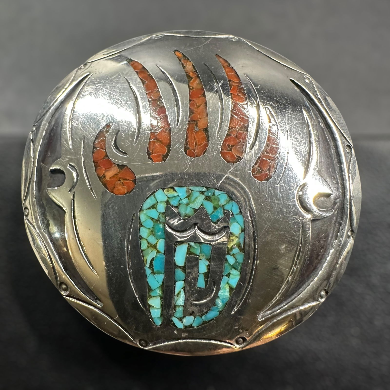 24g Native American Navajo Sterling Silver Turquoise Coral Bear Claw Inlay Brooch (1 of 11)