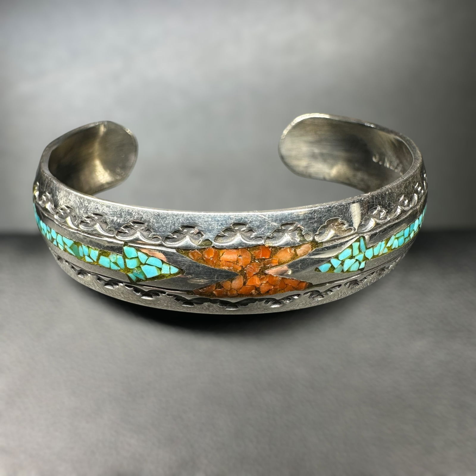 6.5"/22g Native American Navajo Jimmie Nezzie Sterling Silver Turquoise Coral Inlay Cuff Bracelet (1 of 9)