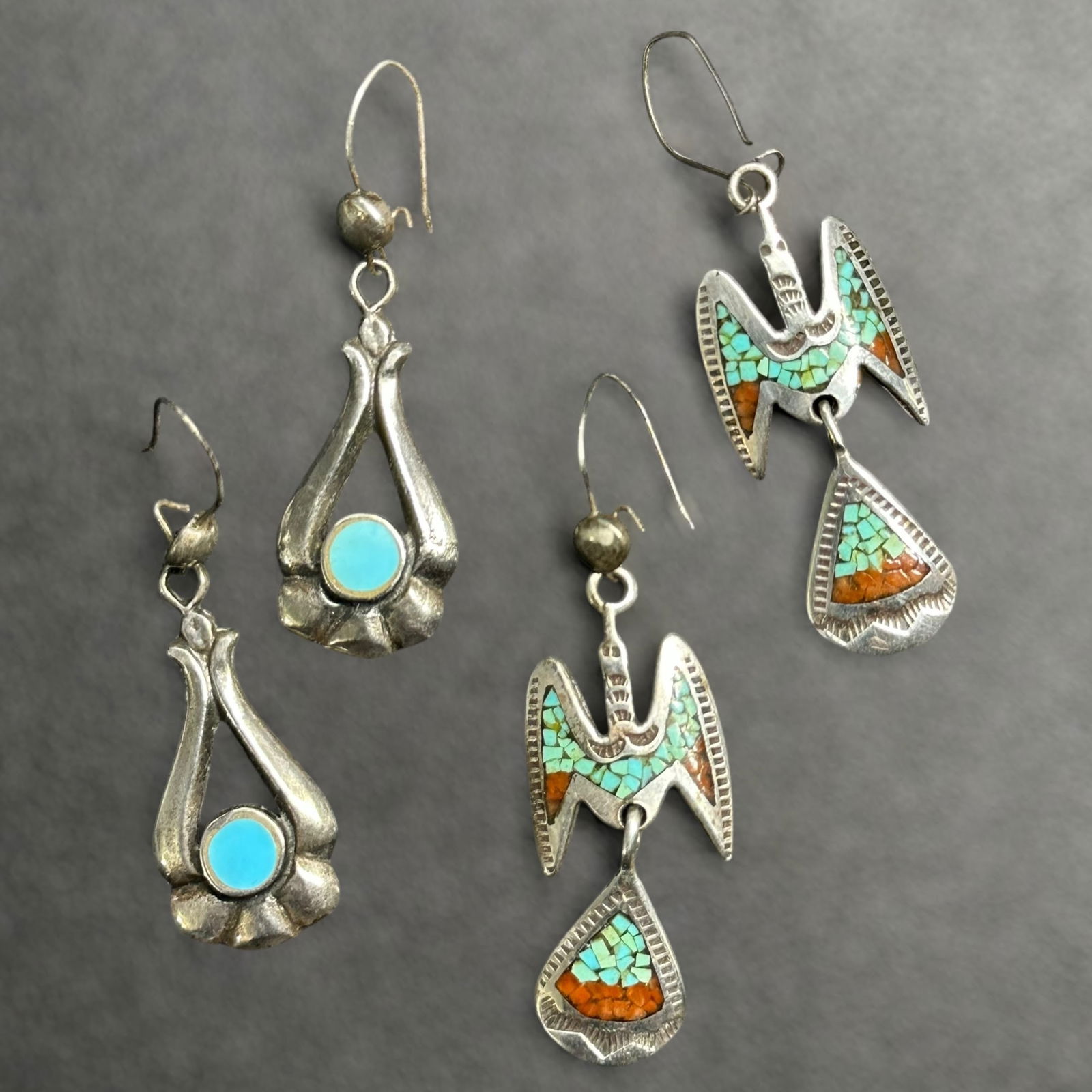 12g Native American Navajo "JTS" Sterling Silver Turquoise Coral Inlay Earrings - 2 Pairs (1 of 15)