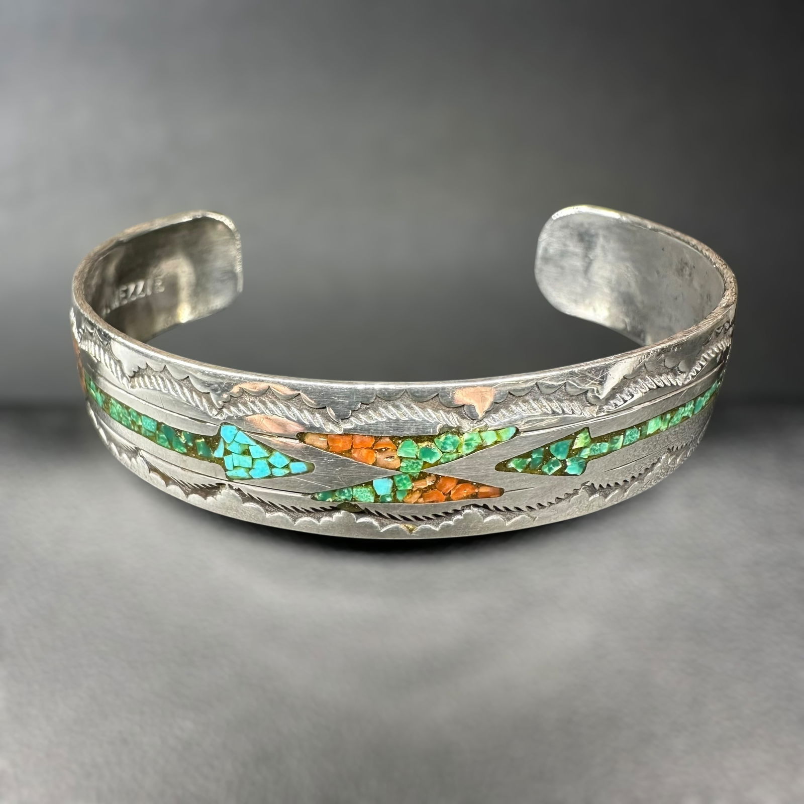 6.5"/21g Native American Navajo J. Nezzie Sterling Silver Turquoise Coral Inlay Cuff Bracelet (1 of 10)