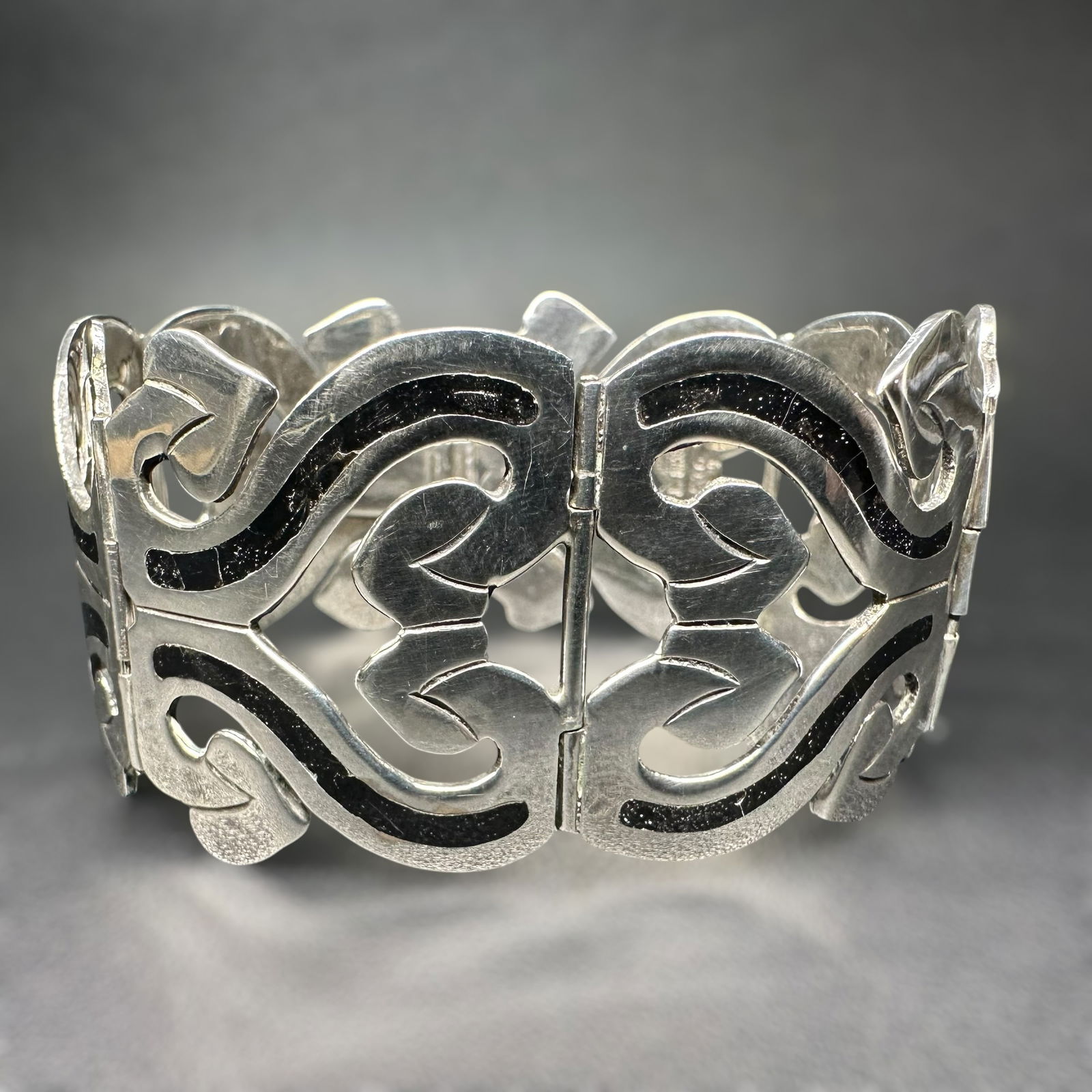 6.75"/46g Vintage Mexican Taxco 925 Sterling Silver Onyx Panel Bracelet (1 of 11)