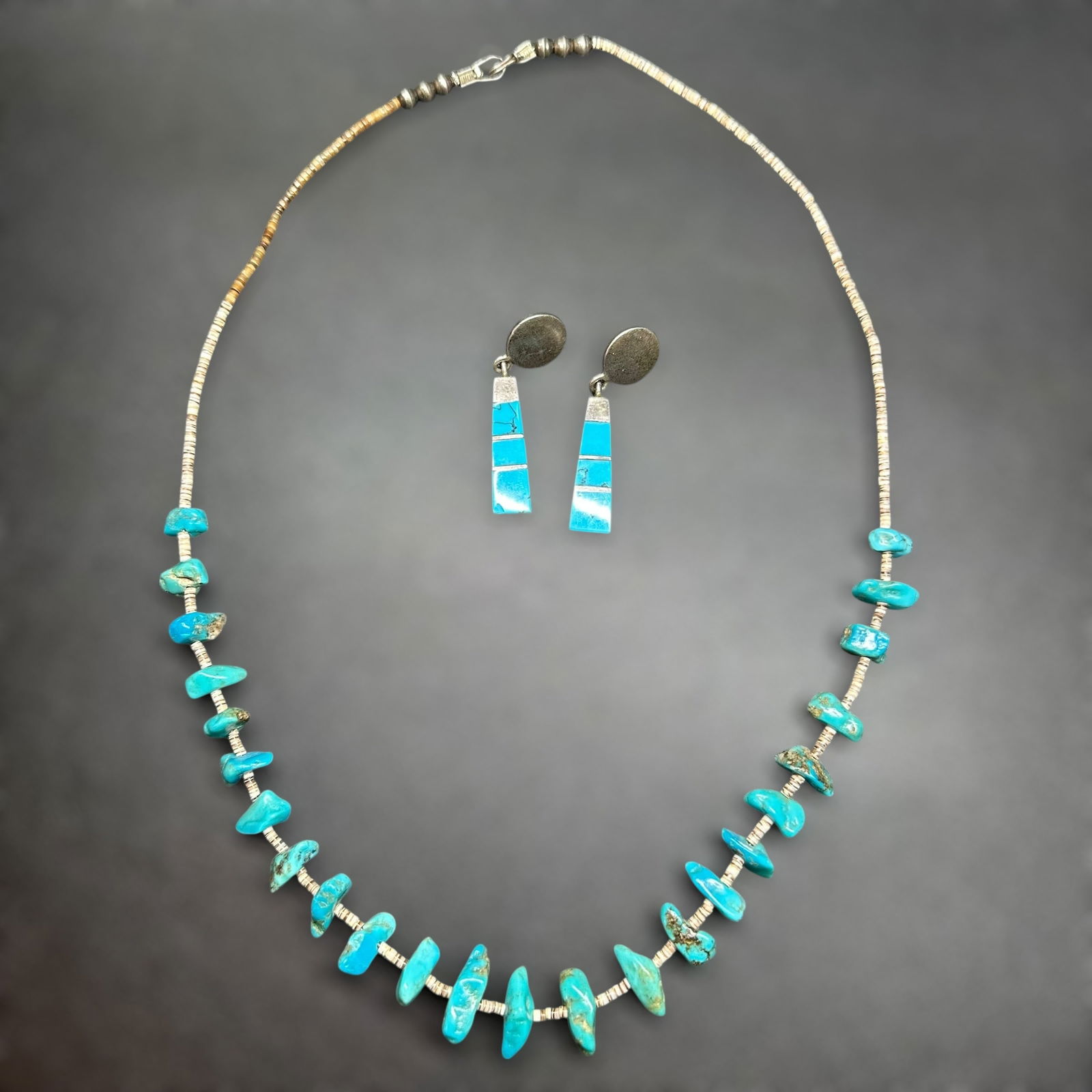 23”/45g 925 Native American Sterling Silver Turquoise Nugget Bead Necklace & Earrings Set: 23”/45g 925 Native American Sterling Silver Turquoise Nugget Bead Necklace & Earrings Set:Brand/Model: Unknown artisans. No hallmarks.Manufacturer Location: Unknown.Year Produced: Unknown.Condit