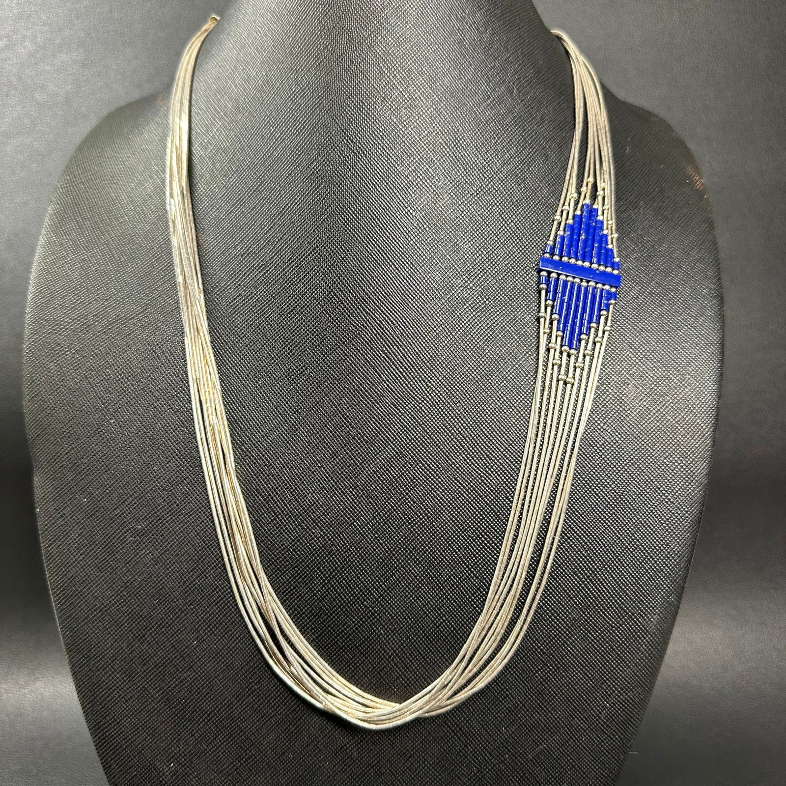 23”/30g Native American Multi-Strand Liquid Sterling Silver Lapis Lazuli Beaded Necklace (1 of 10)