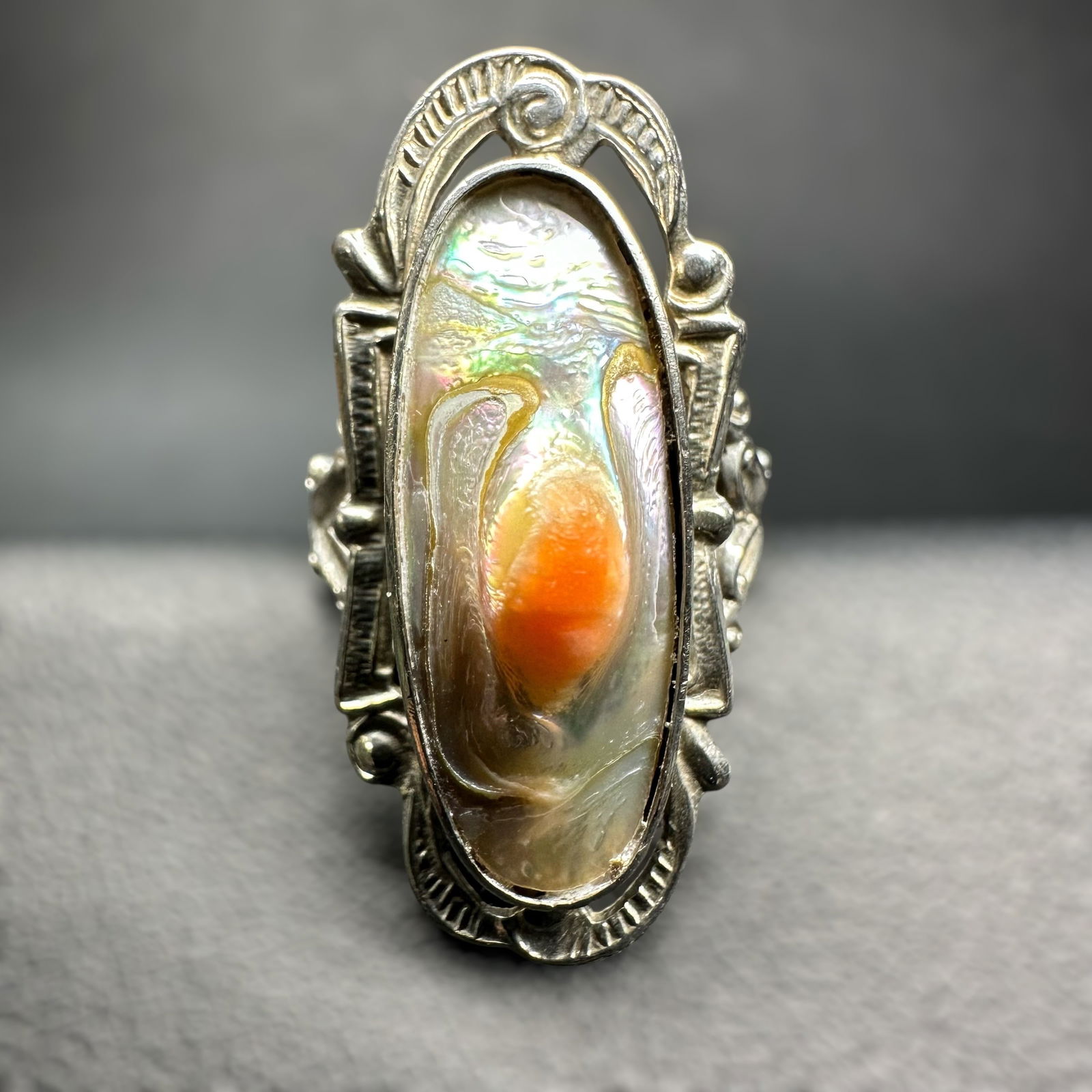 Sz4.75/4g Art Deco Sterling Silver Blister Pearl Shell Ring: Sz4.75/4g Art Deco Sterling Silver Blister Pearl Shell Ring:Brand/Model: Unknown.Manufacturer Location: Not marked.Year Produced: Unknown.Condition: Good vintage condition with light surface wear, tar