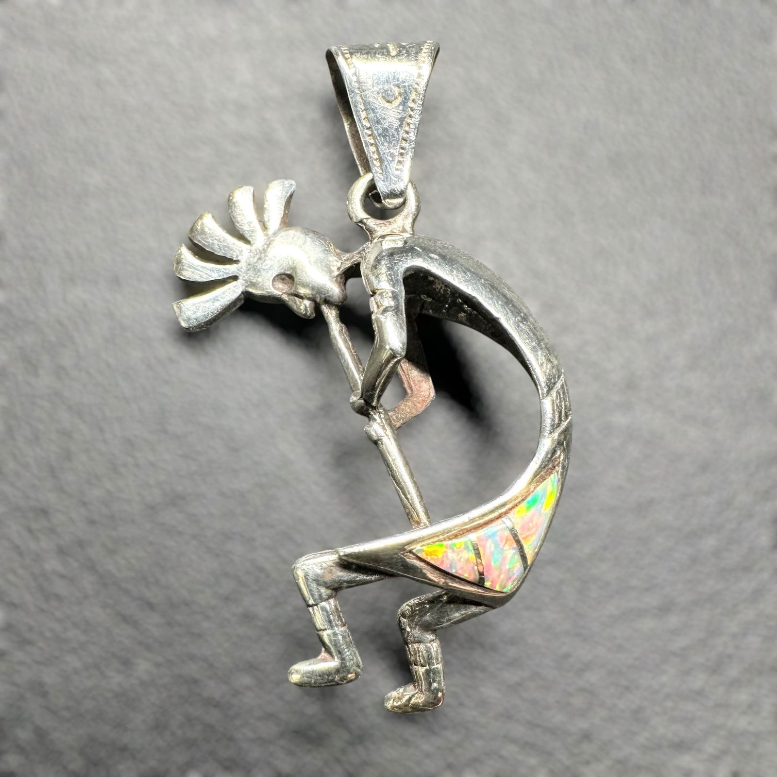 5g Mexican Sterling Silver Opal Kokopelli Pendant: 5g Mexican Sterling Silver Opal Kokopelli Pendant:Brand/Model: Unknown.Manufacturer Location: Marked; Mexico.Year Produced: Unknown.Condition: Overall good condition with light surface wear and tarnis