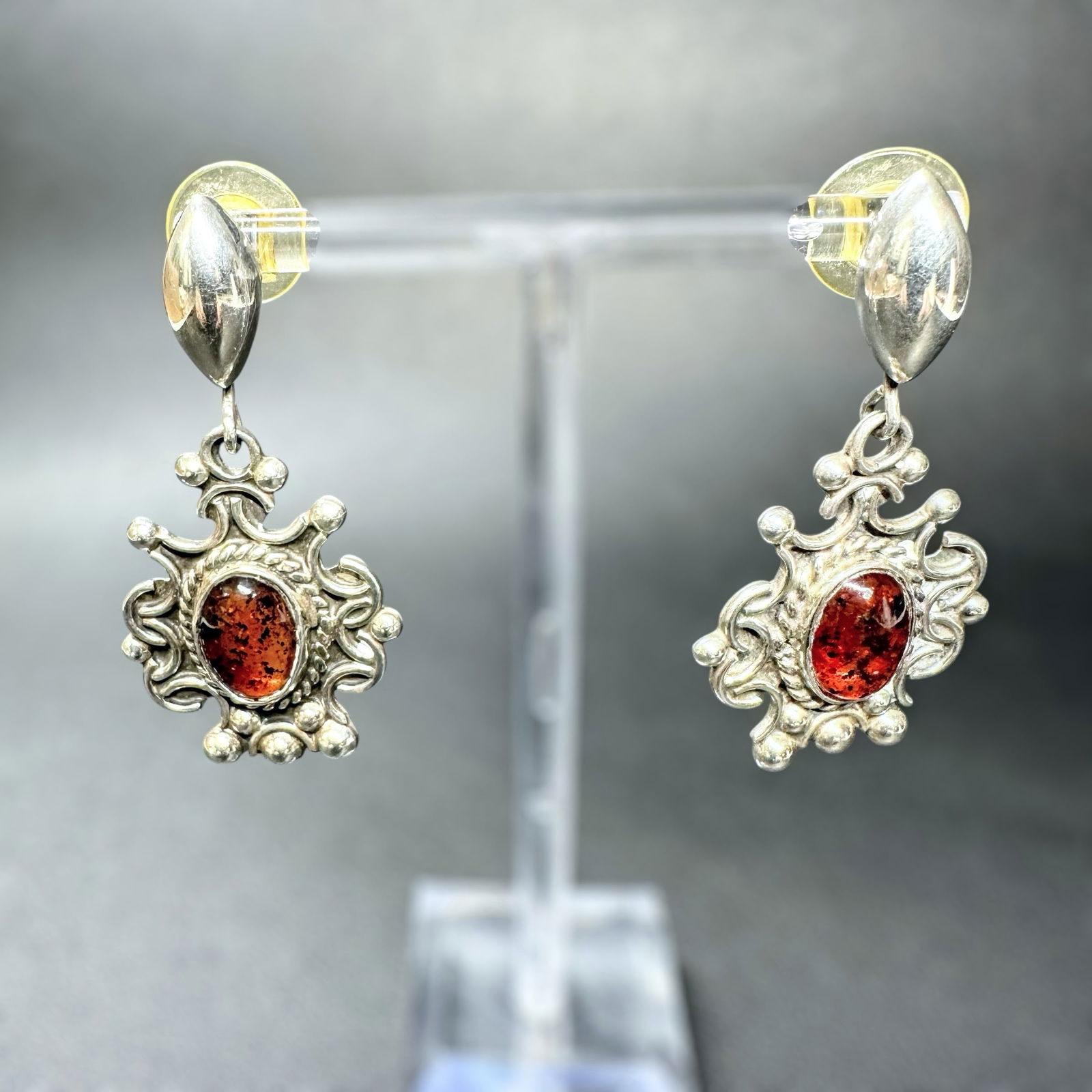 18g Vintage Mexican Sterling Silver Amber Dangle Earrings (1 of 9)