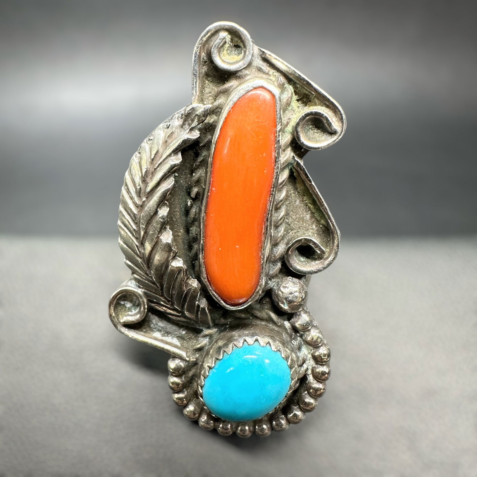Sz6.5/13g Native American Sterling Silver Turquoise & Coral Ring (1 of 10)