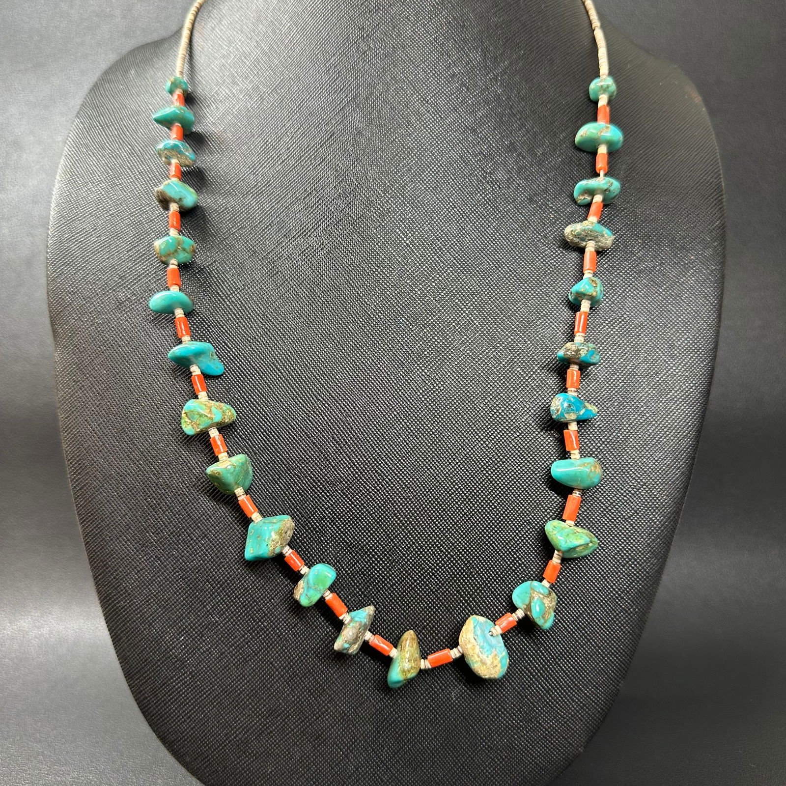 25"/38g Native American Turquoise Nugget Coral Bead Necklace (1 of 9)