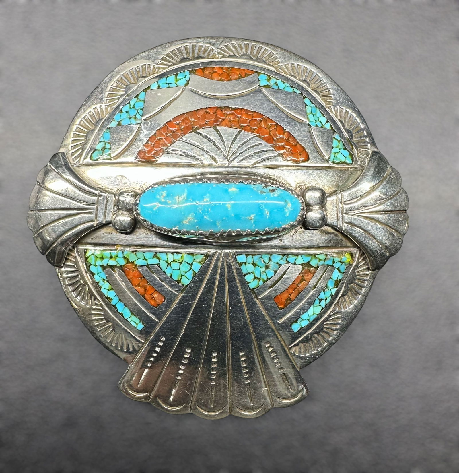 39g Native American Navajo Jimmie Nezzie Sterling Silver Turquoise Coral Chip Inlay Brooch (1 of 9)