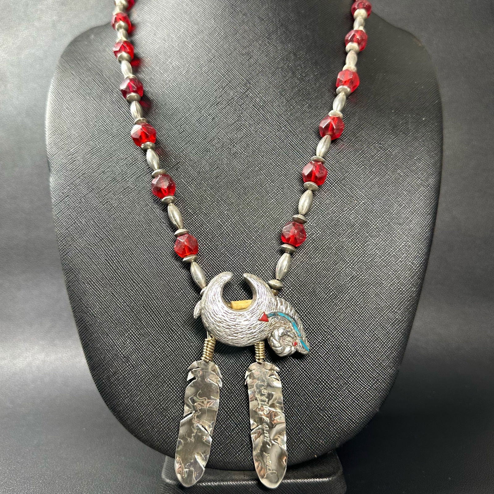 25”/93g Native American Jami Two Feathers Sterling Silver Pendant Glass Bead Necklace (1 of 12)