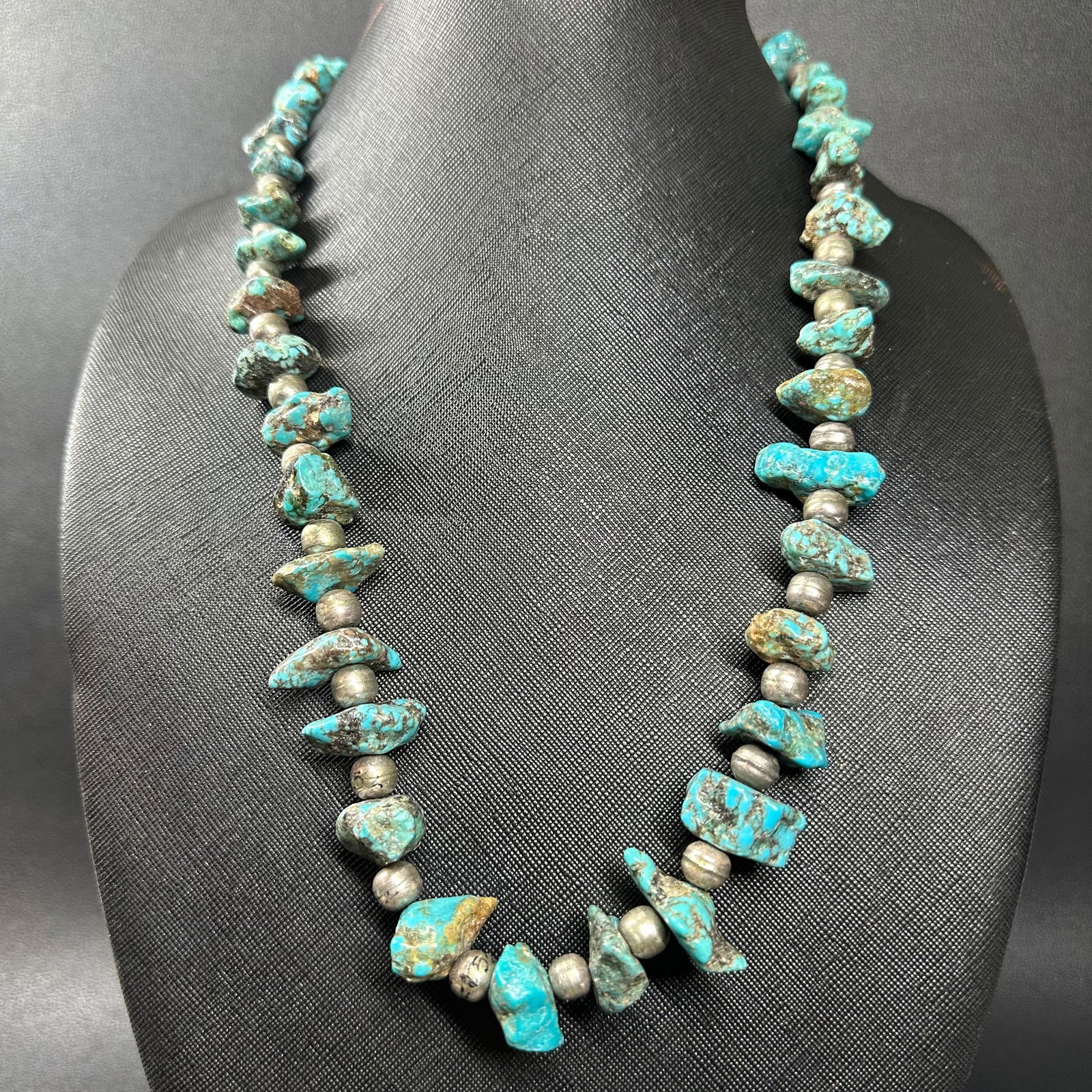 24”/99g Native American Turquoise Nugget Sterling Silver Bead Necklace (1 of 8)