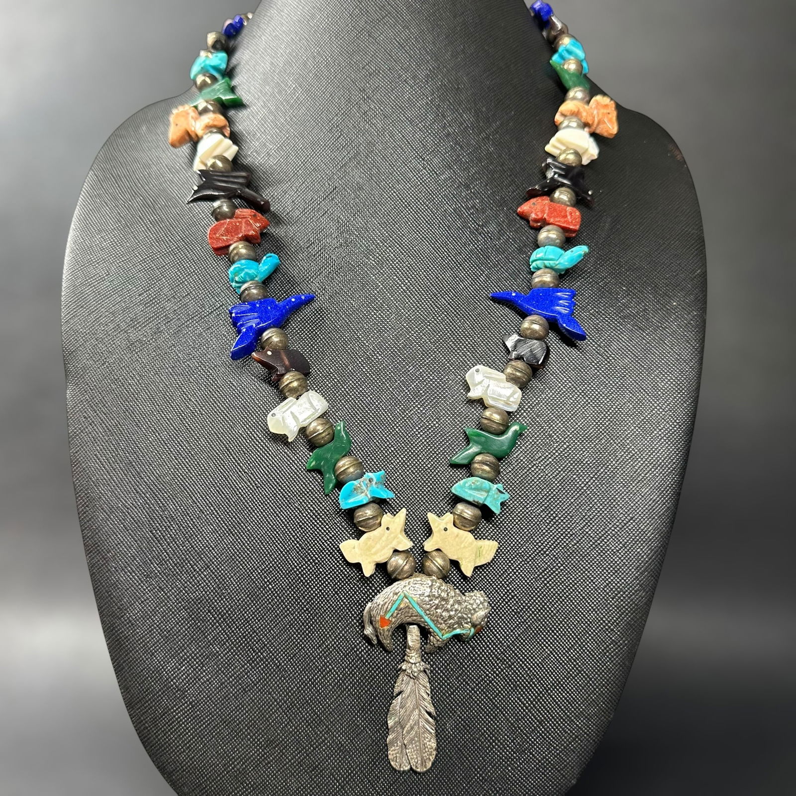 18"/72g Navajo Jami Two Feathers Animal Fetish Beads Sterling Silver Buffalo Pendant Necklace (1 of 12)