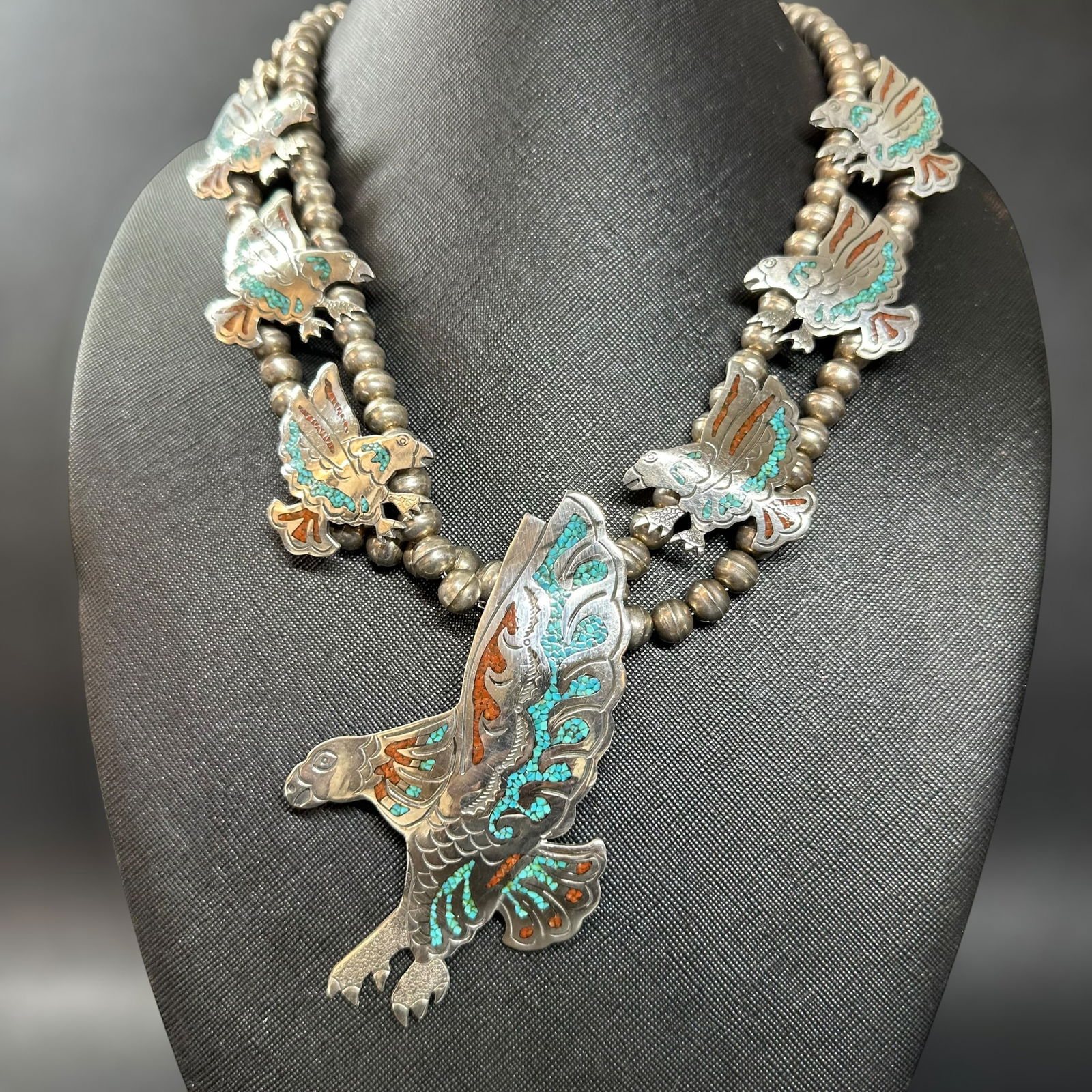 18"/146g Native American Navajo Jimmie Nezzie Sterling Silver Turquoise Coral Inlay Eagle Necklace: 8"/146g Native American Navajo Jimmie Nezzie Sterling Silver Turquoise Coral Inlay Eagle Necklace:Brand/Model: Native American artisan; Navajo Jimmie Nezzie. Hallmark "J. NEZZIE.Manufacturer Location: