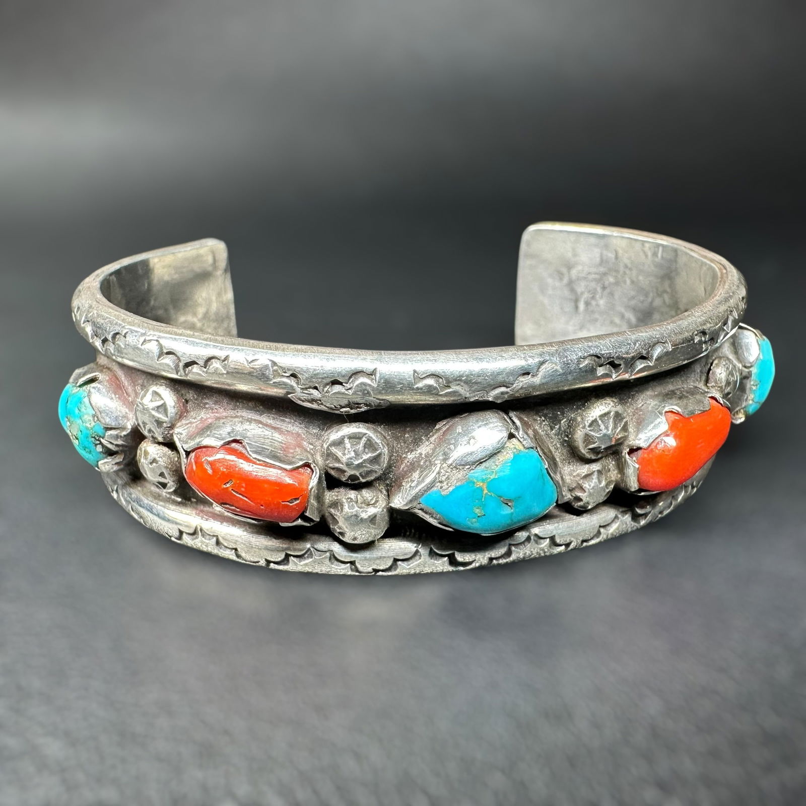 6.5"/50g Native American Navajo Sterling Silver Turquoise Coral Cuff Bracelet (1 of 11)