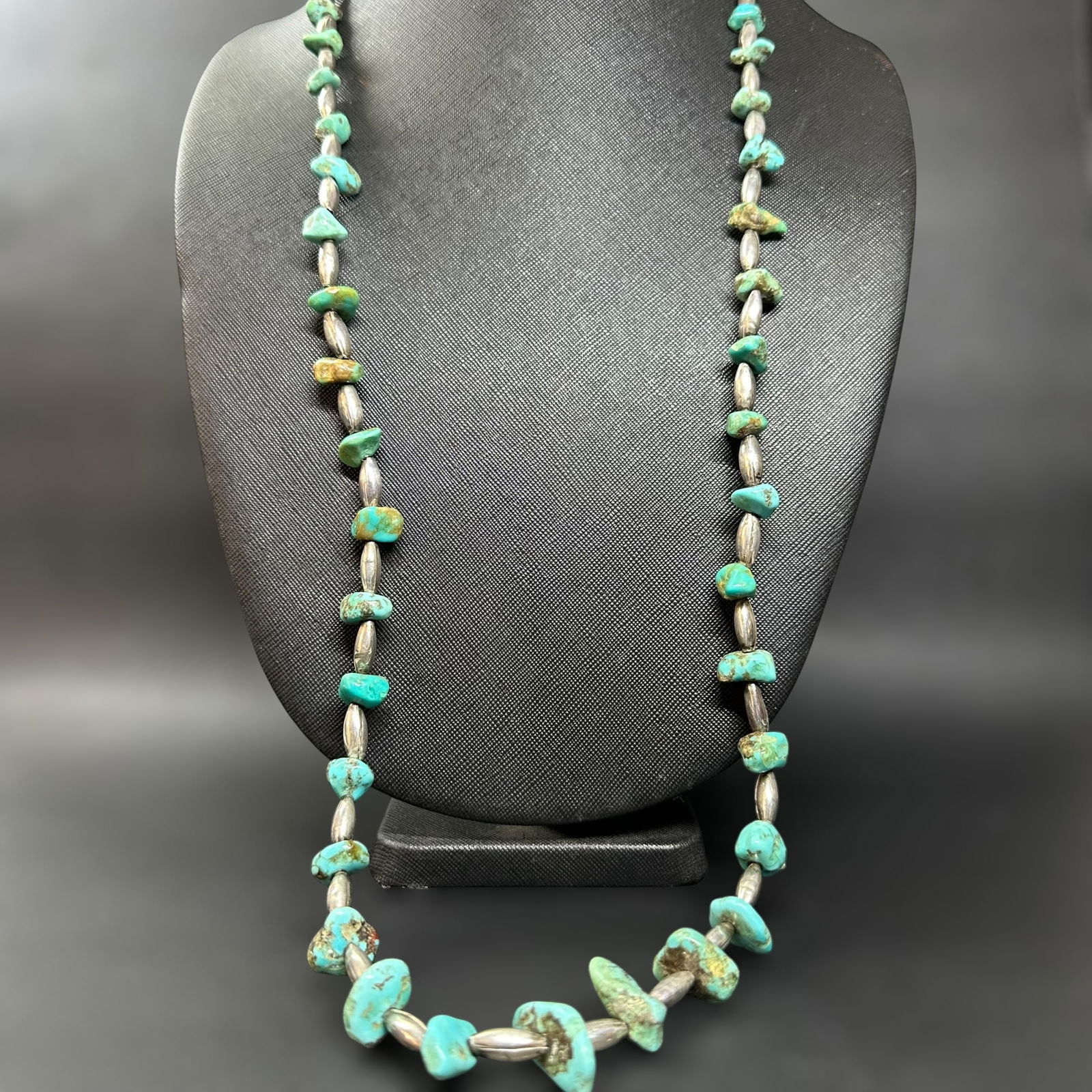 36"/57g Native American Sterling Silver Turquoise Nugget Bead Necklace (1 of 9)