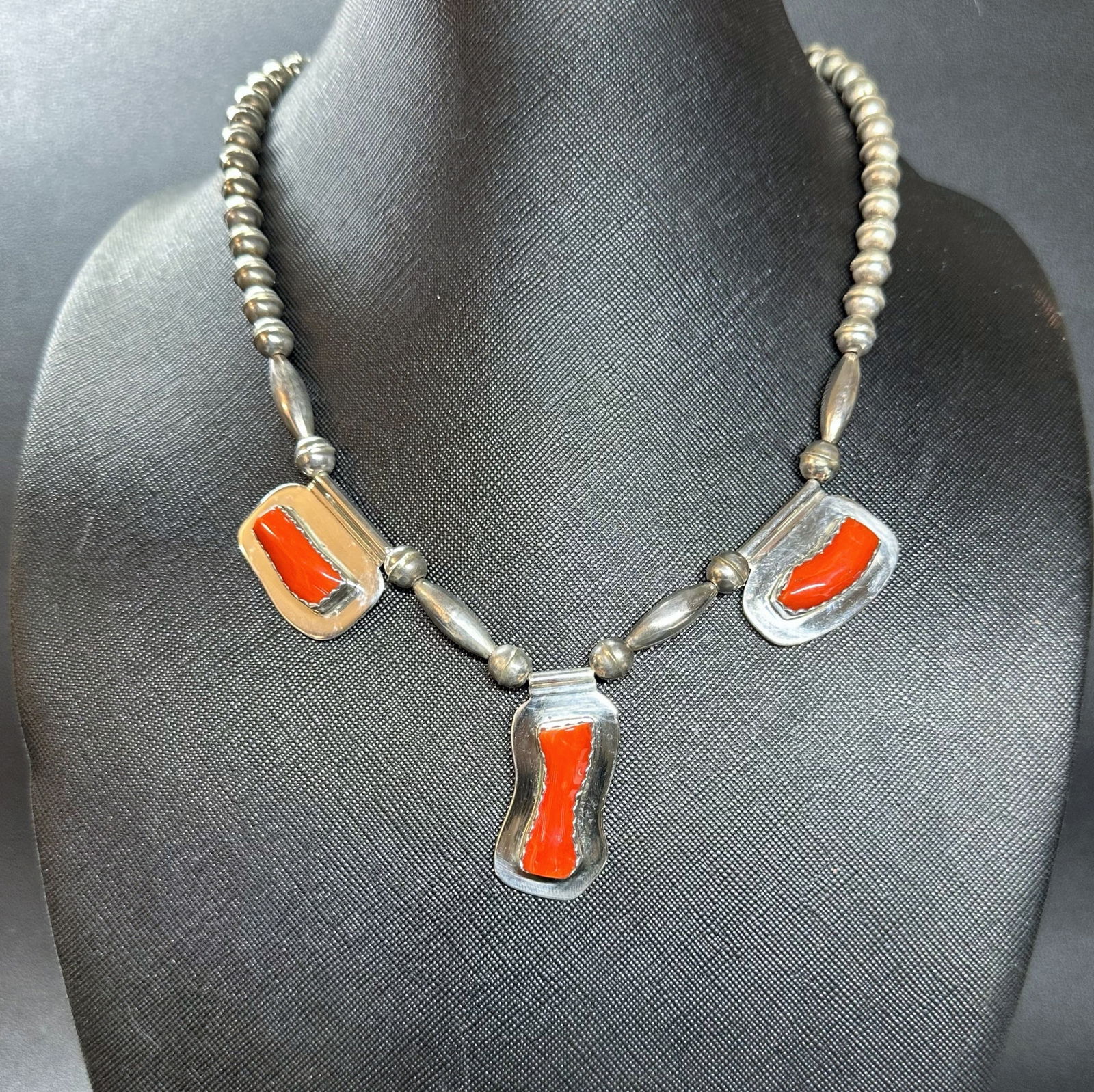 18"/42g Native American Martha Smiley Sterling Silver Coral Necklace: 18”/42g Native American Martha Smiley Sterling Silver Coral Necklace:Brand/Model: Native American artisan; hallmark "MS." Martha Smiley; Navajo.Manufacturer Location: Not marked.Year Produced: U