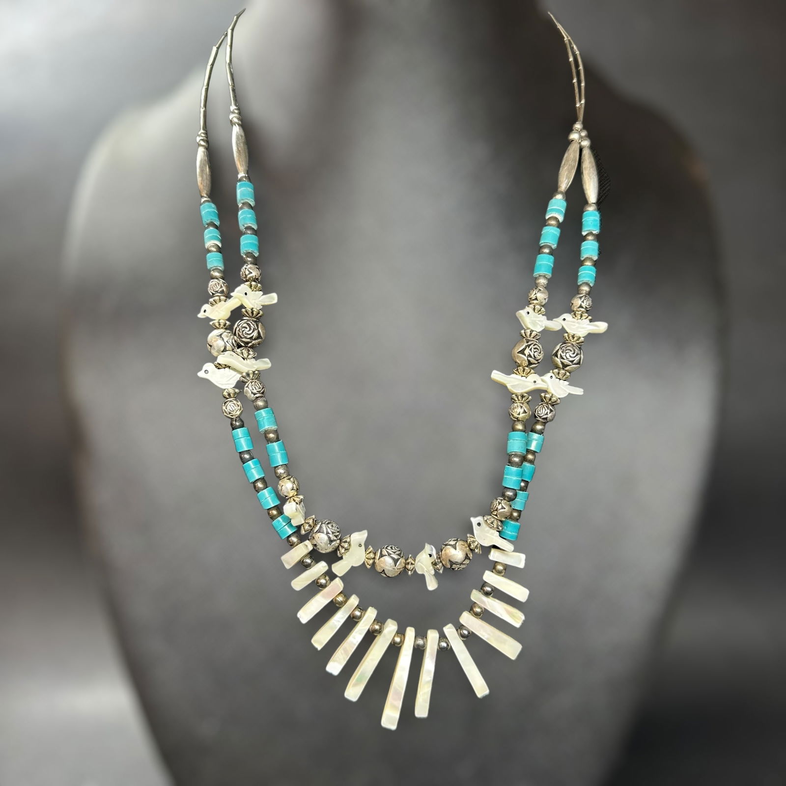 20"/37g Native American Sterling Silver Turquoise & Shell Mother of Pearl Necklace (1 of 9)