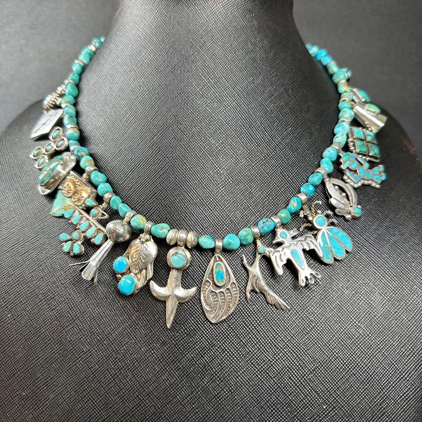 18"/77g Native American Sterling Silver Turquoise Charm Bead Necklace (1 of 12)