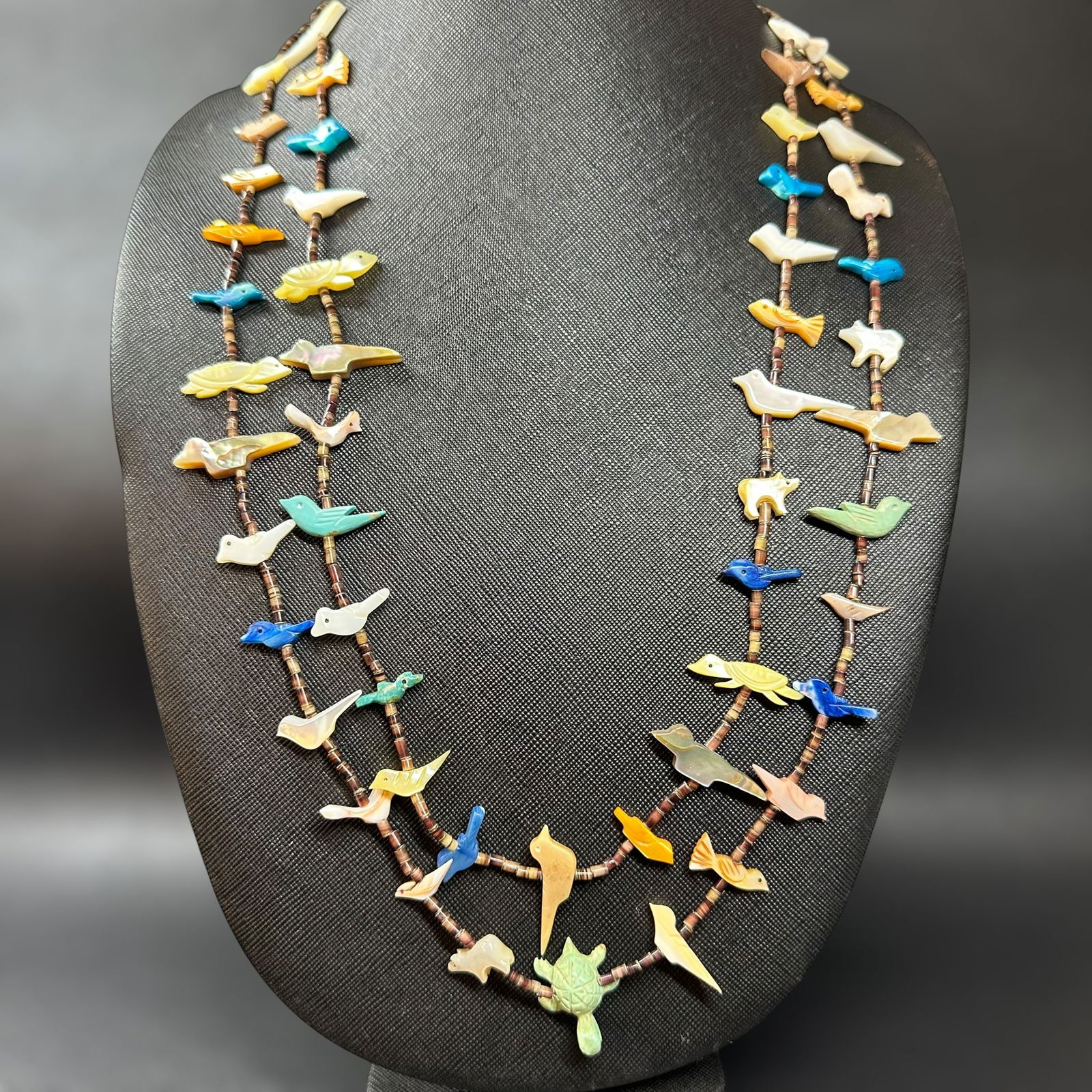 26"/45g. Native American Zuni Fetish Bird & Turtle Motif w/ Heishi Shell Bead Necklace (1 of 10)