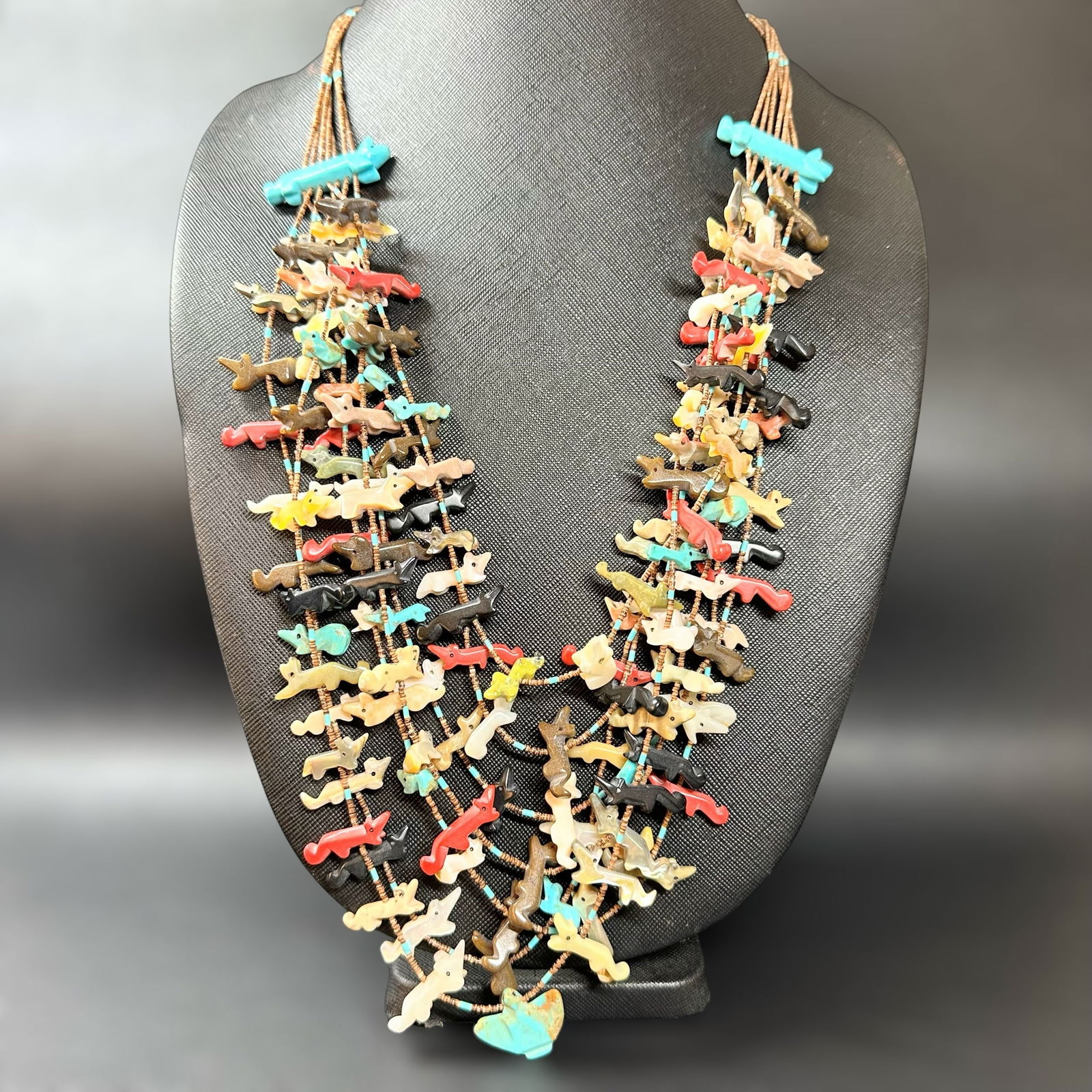 22"+/115g. Native American Zuni Multi-Strand Fetish Woodland Animal & Heishi Shell Bead Necklace (1 of 11)
