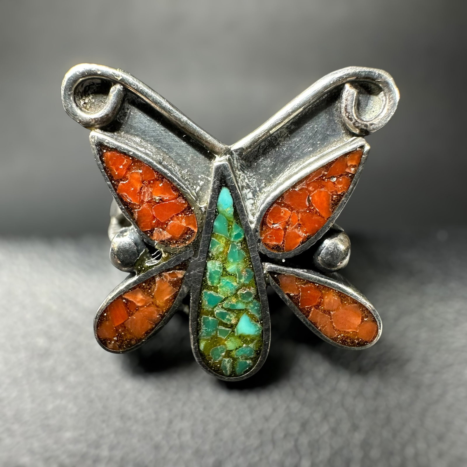 Sz5/5g Native American Sterling Silver Turquoise Coral Butterfly Ring: Sz5/5g Native American Sterling Silver Turquoise Coral Butterfly Ring:Brand/Model: No hallmark. Unknown Native American artisan. Manufacturer Location: Not marked.Year Produced: Unknown.Condition: Ove